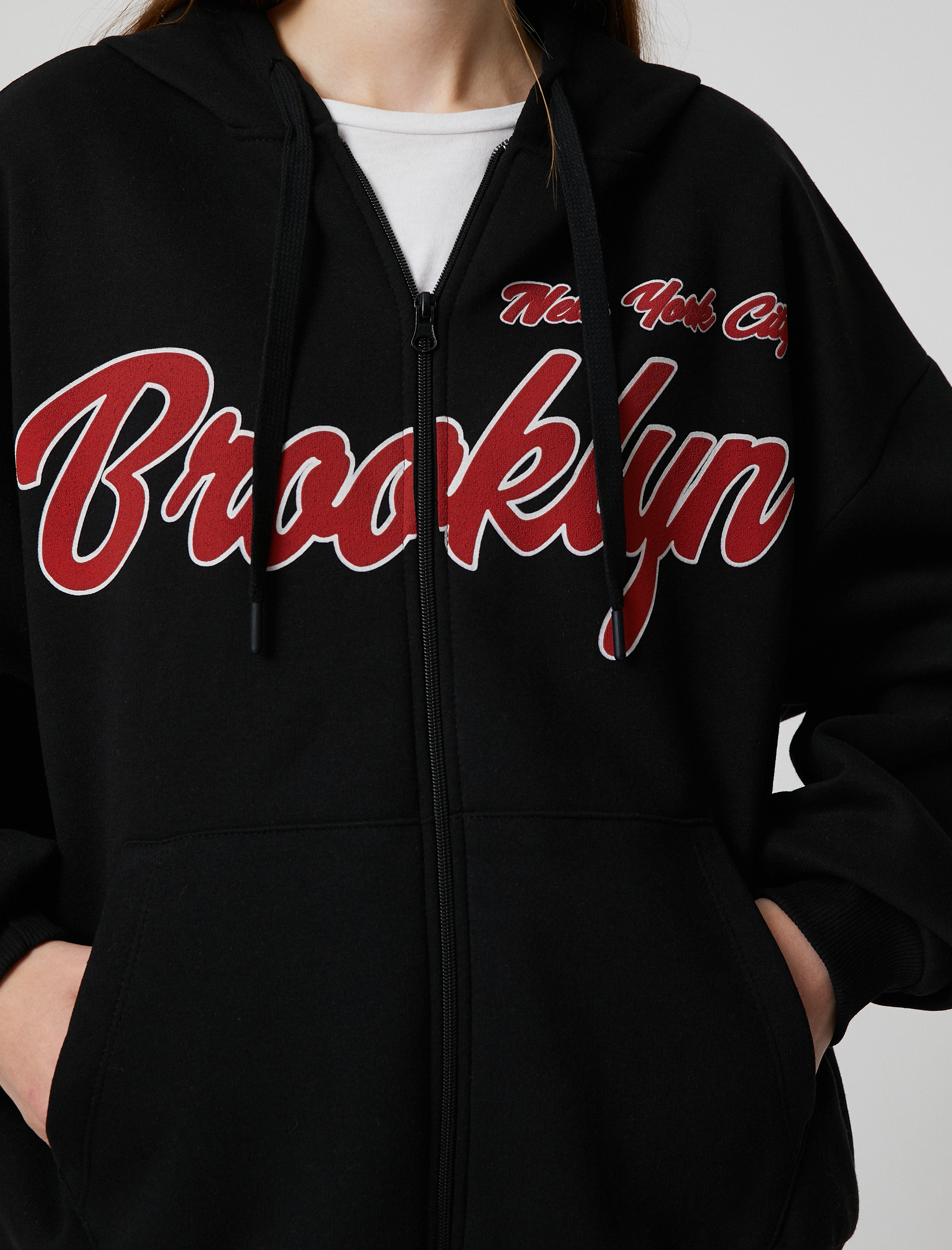   Kolej Sweatshirt Kapüşonlu Oversize Fermuarlı Baskılı Cep Detaylı