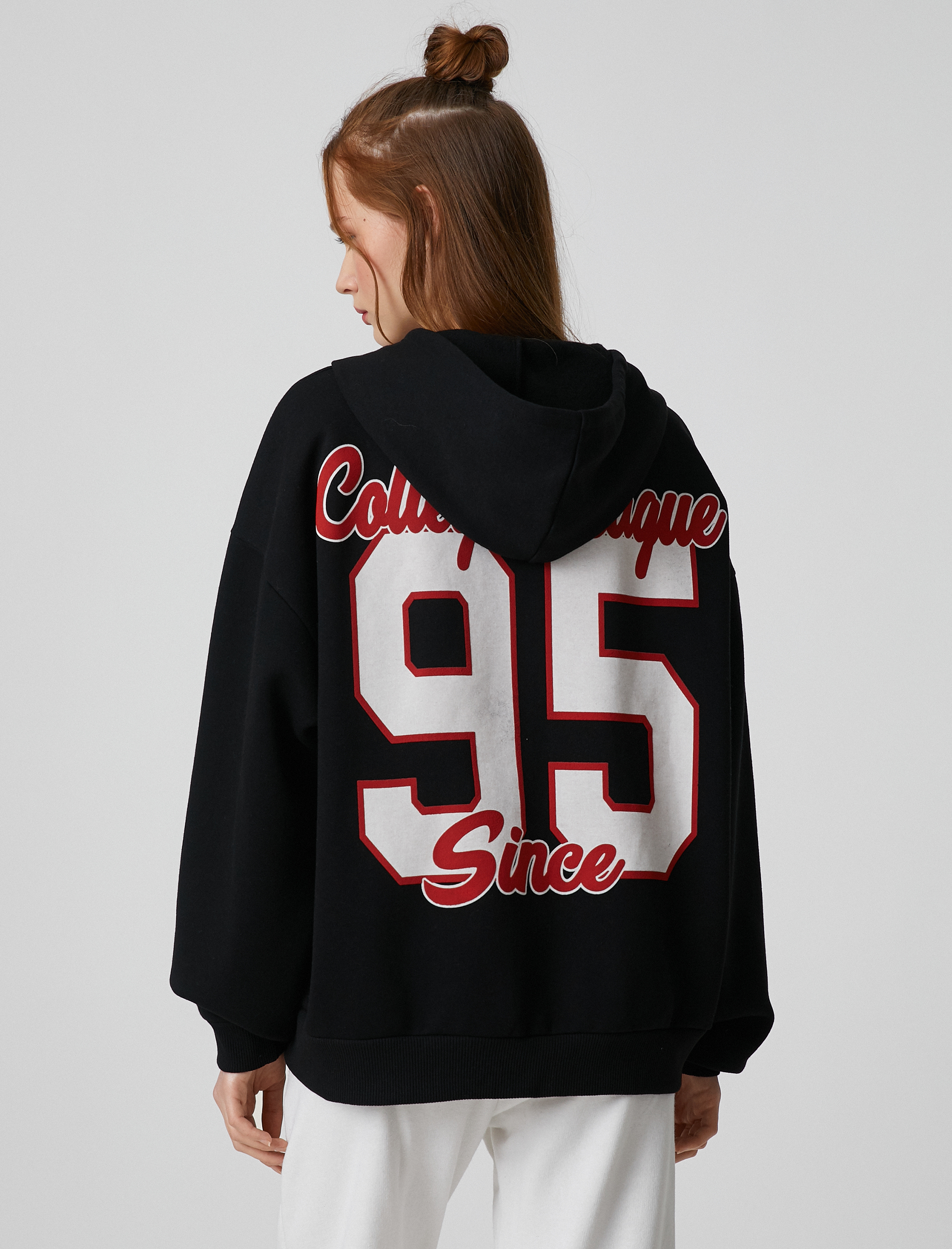   Kolej Sweatshirt Kapüşonlu Oversize Fermuarlı Baskılı Cep Detaylı