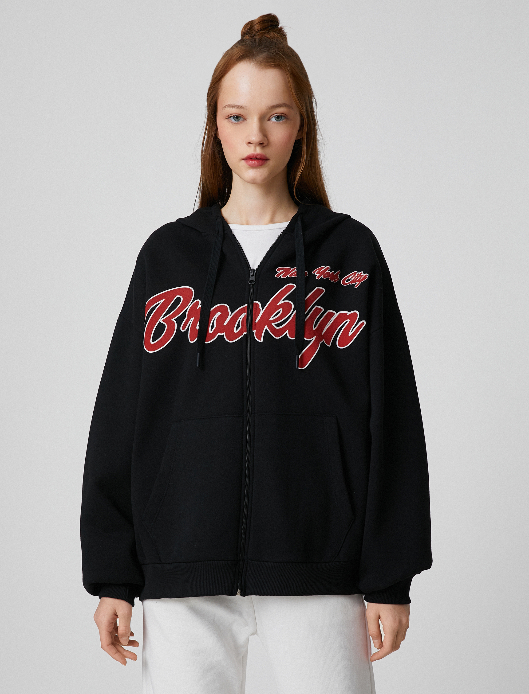   Kolej Sweatshirt Kapüşonlu Oversize Fermuarlı Baskılı Cep Detaylı