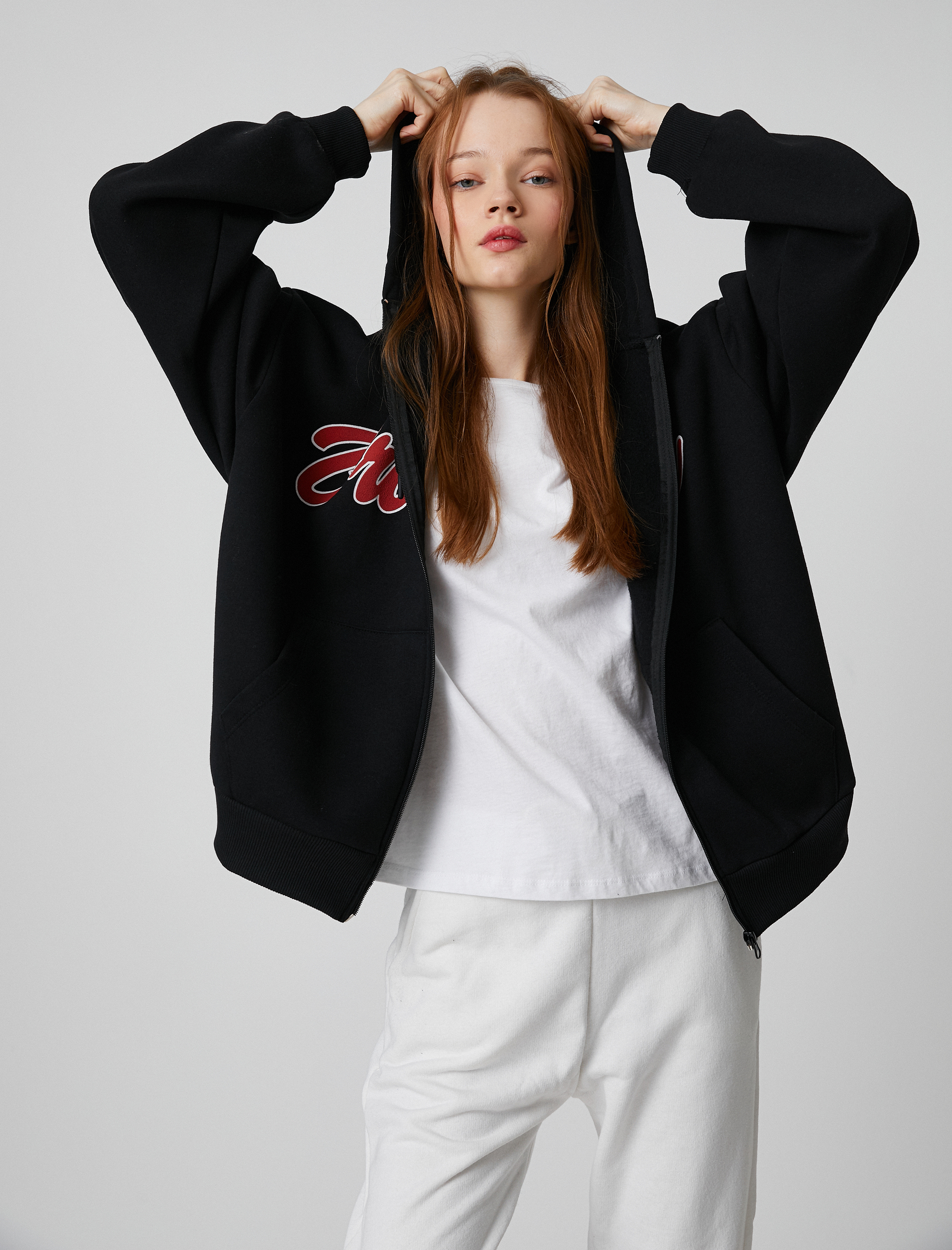   Kolej Sweatshirt Kapüşonlu Oversize Fermuarlı Baskılı Cep Detaylı