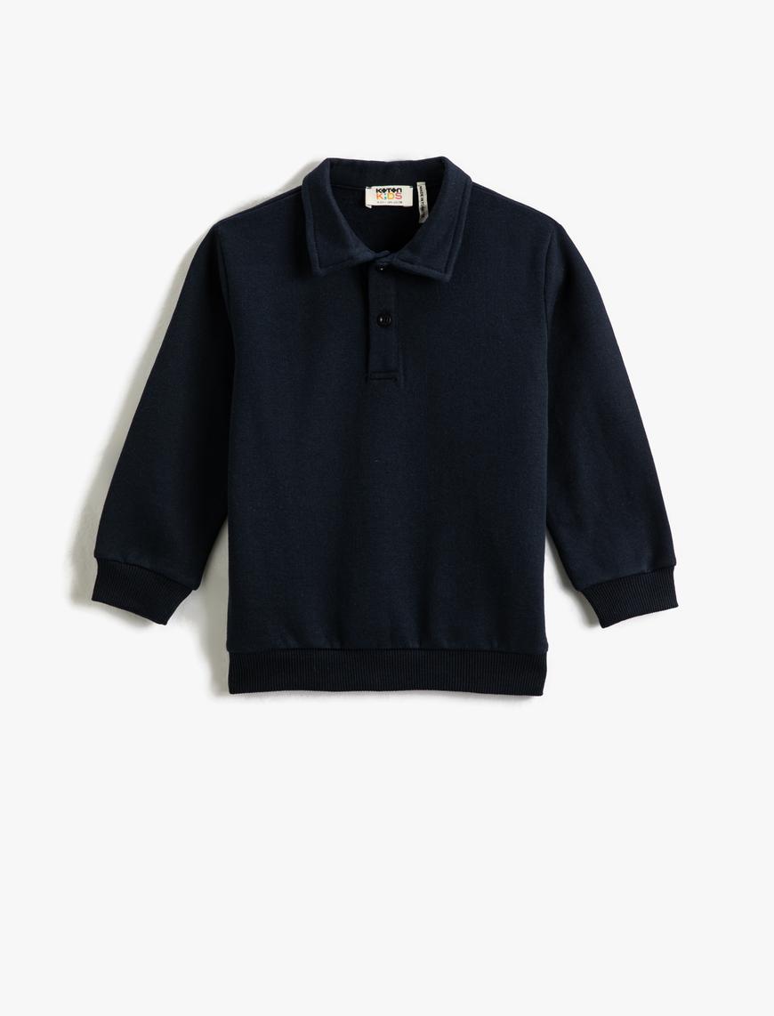  Erkek Çocuk Basic Polo Yaka Uzun Kollu Tişört Düğmeli Pamuklu