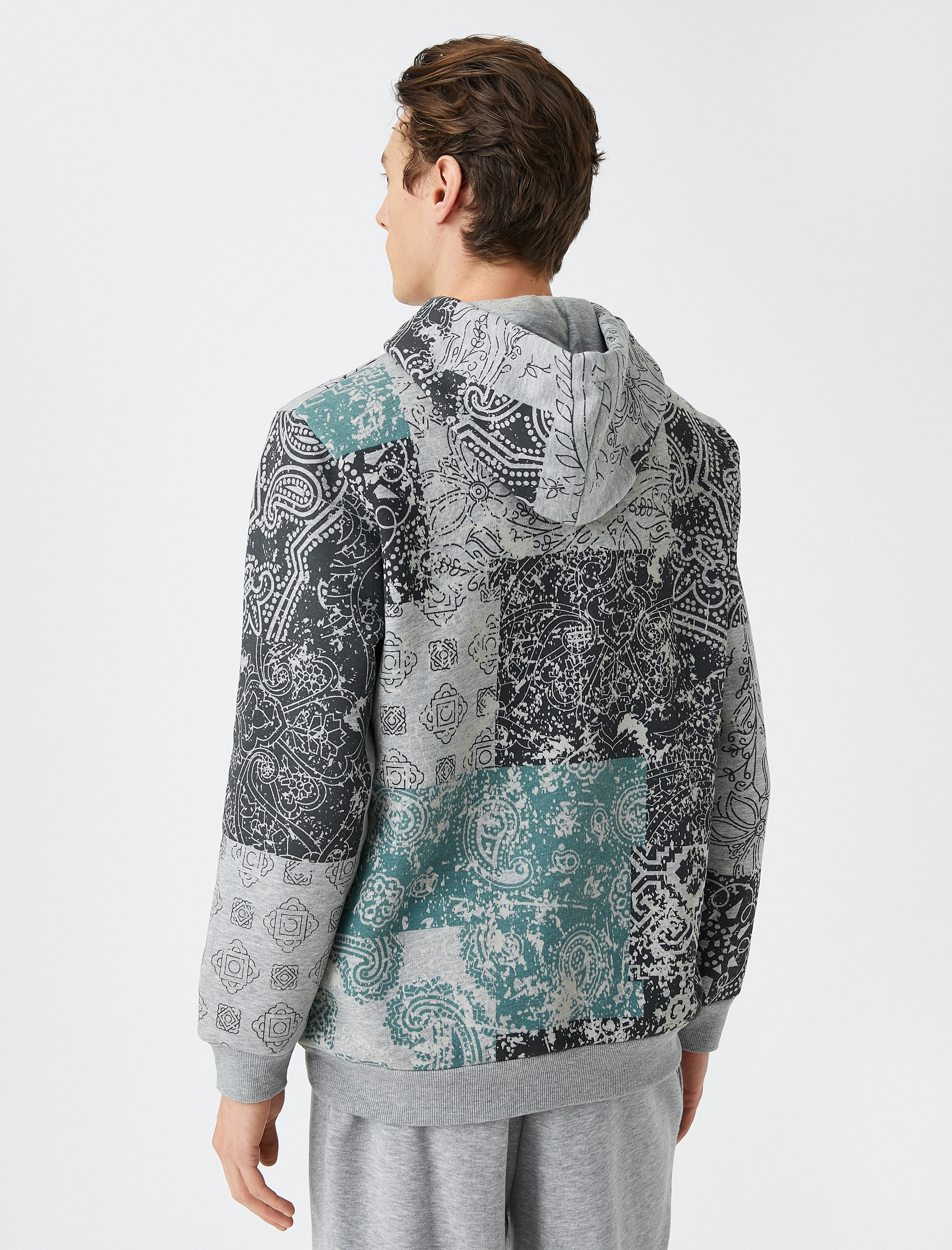 Kapşonlu Sweatshirt Şal Baskılı Uzun Kollu Şardonlu