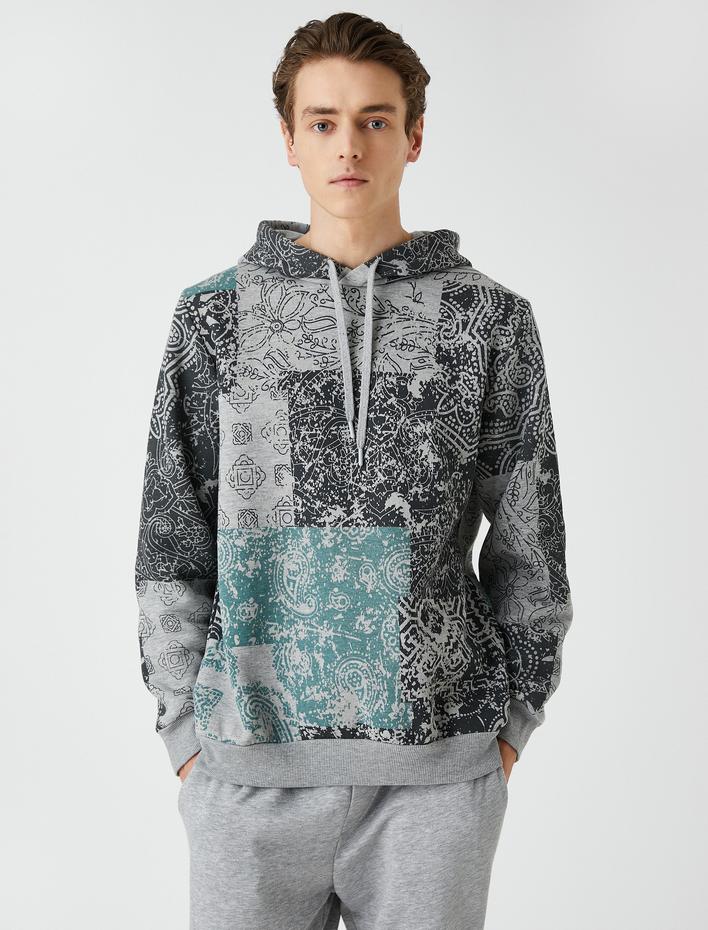  Kapşonlu Sweatshirt Şal Baskılı Uzun Kollu Şardonlu