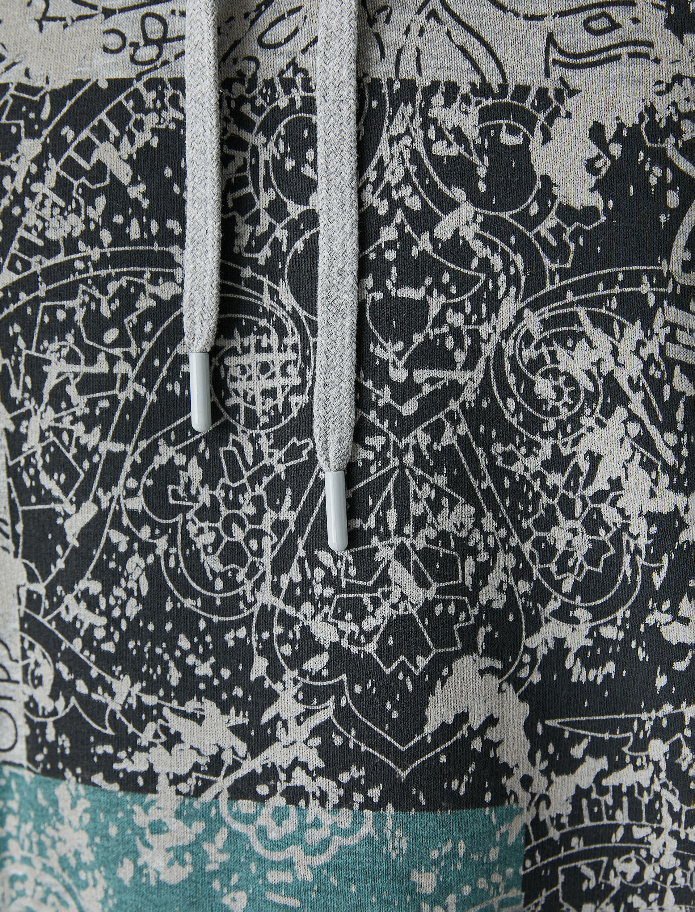 Kapşonlu Sweatshirt Şal Baskılı Uzun Kollu Şardonlu