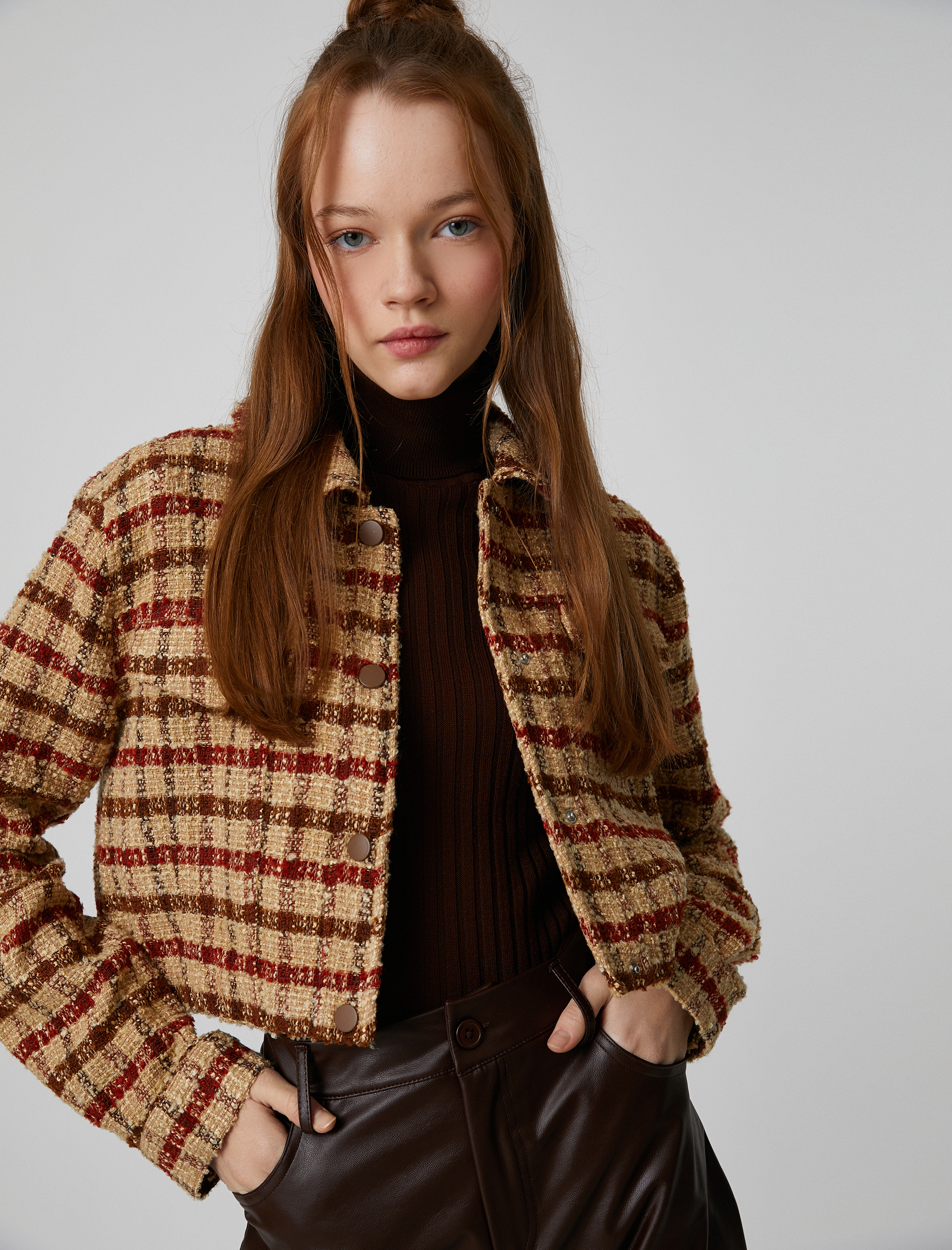   Tüvit Gömlek Ceket Crop Uzun Kollu Kareli