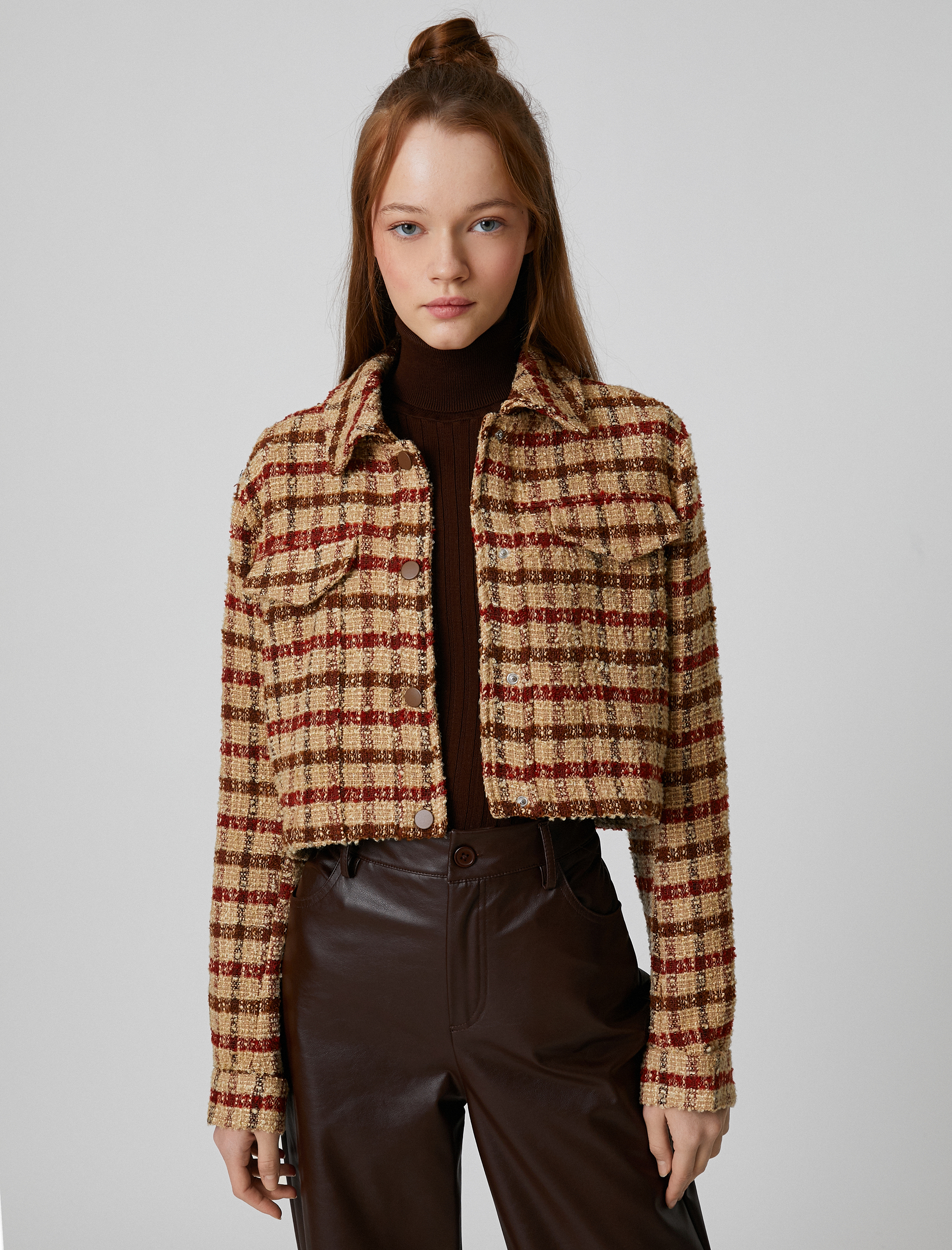   Tüvit Gömlek Ceket Crop Uzun Kollu Kareli