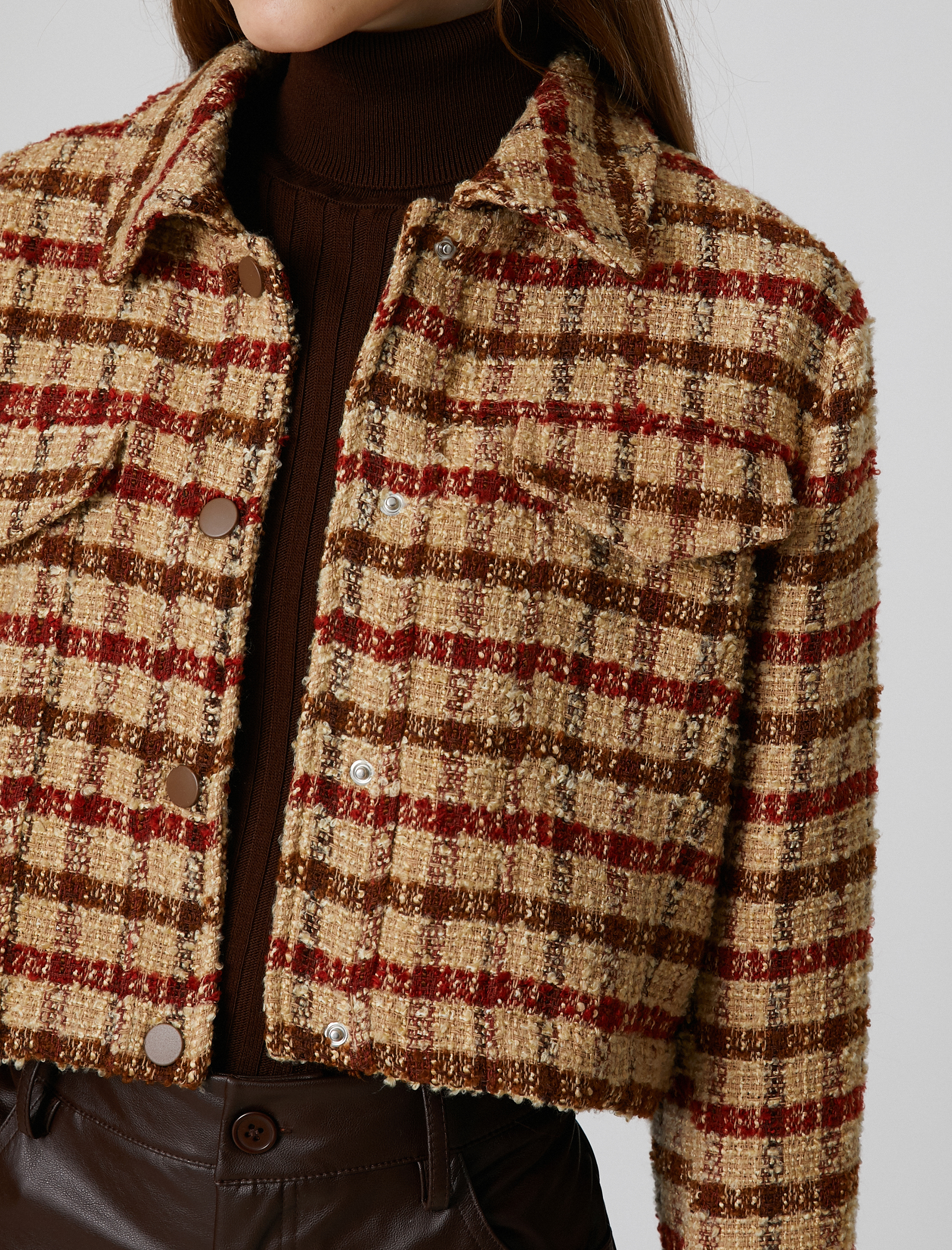   Tüvit Gömlek Ceket Crop Uzun Kollu Kareli