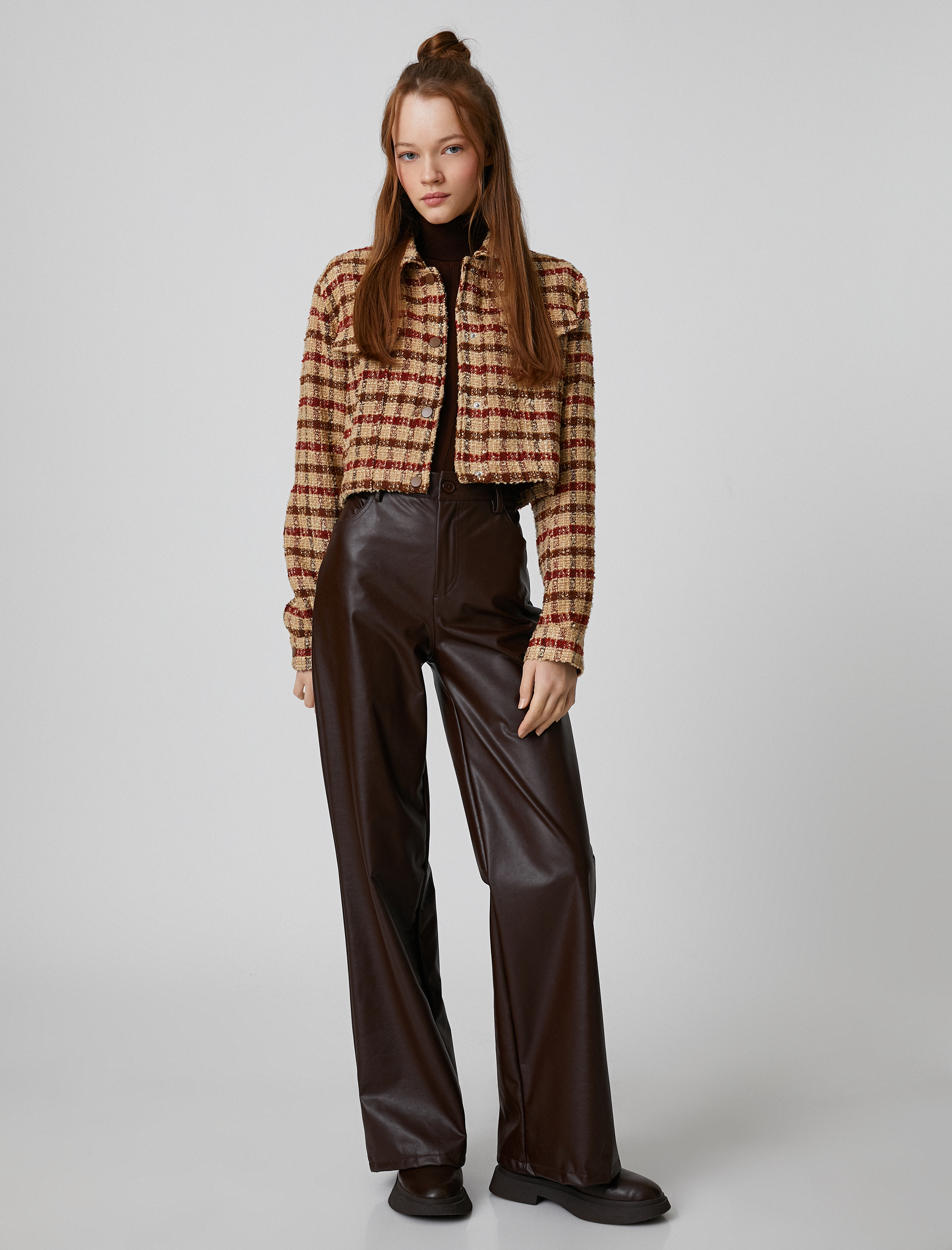   Tüvit Gömlek Ceket Crop Uzun Kollu Kareli