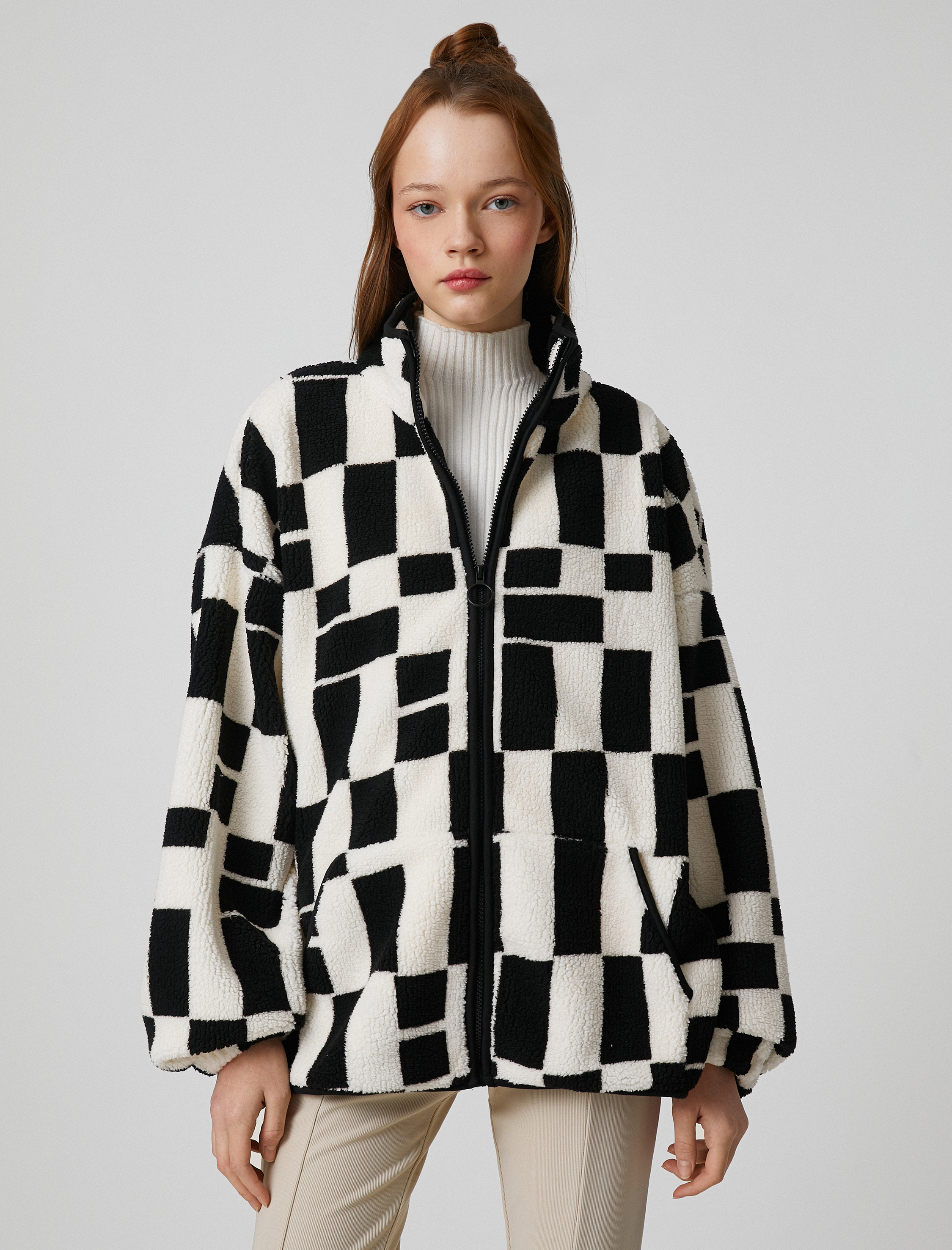   Polar Sweatshirt Fermuarlı Dik Yaka Cep Detaylı Uzun Kollu