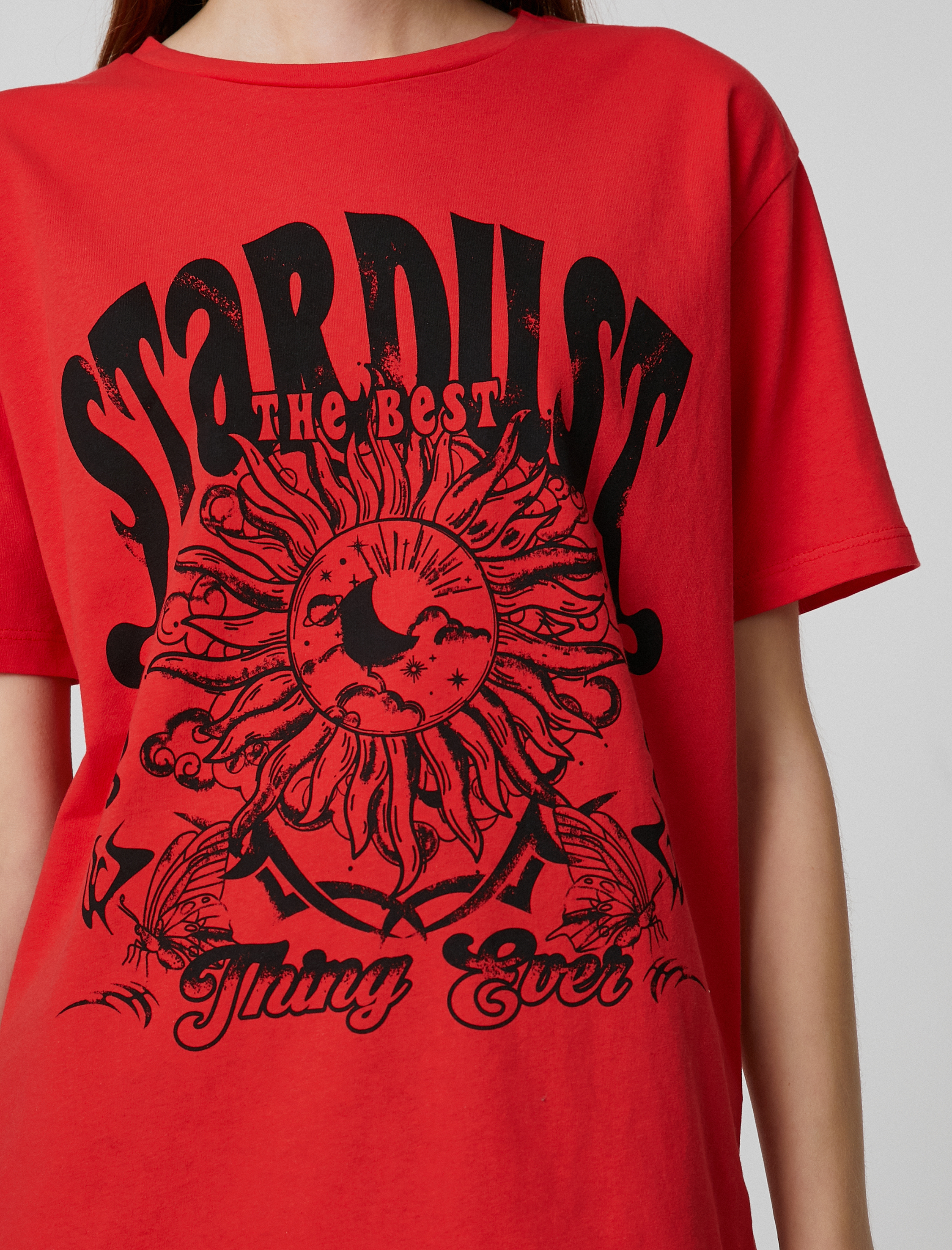   Baskılı Tişört Bisiklet Yaka Kısa Kollu Düz Kesim