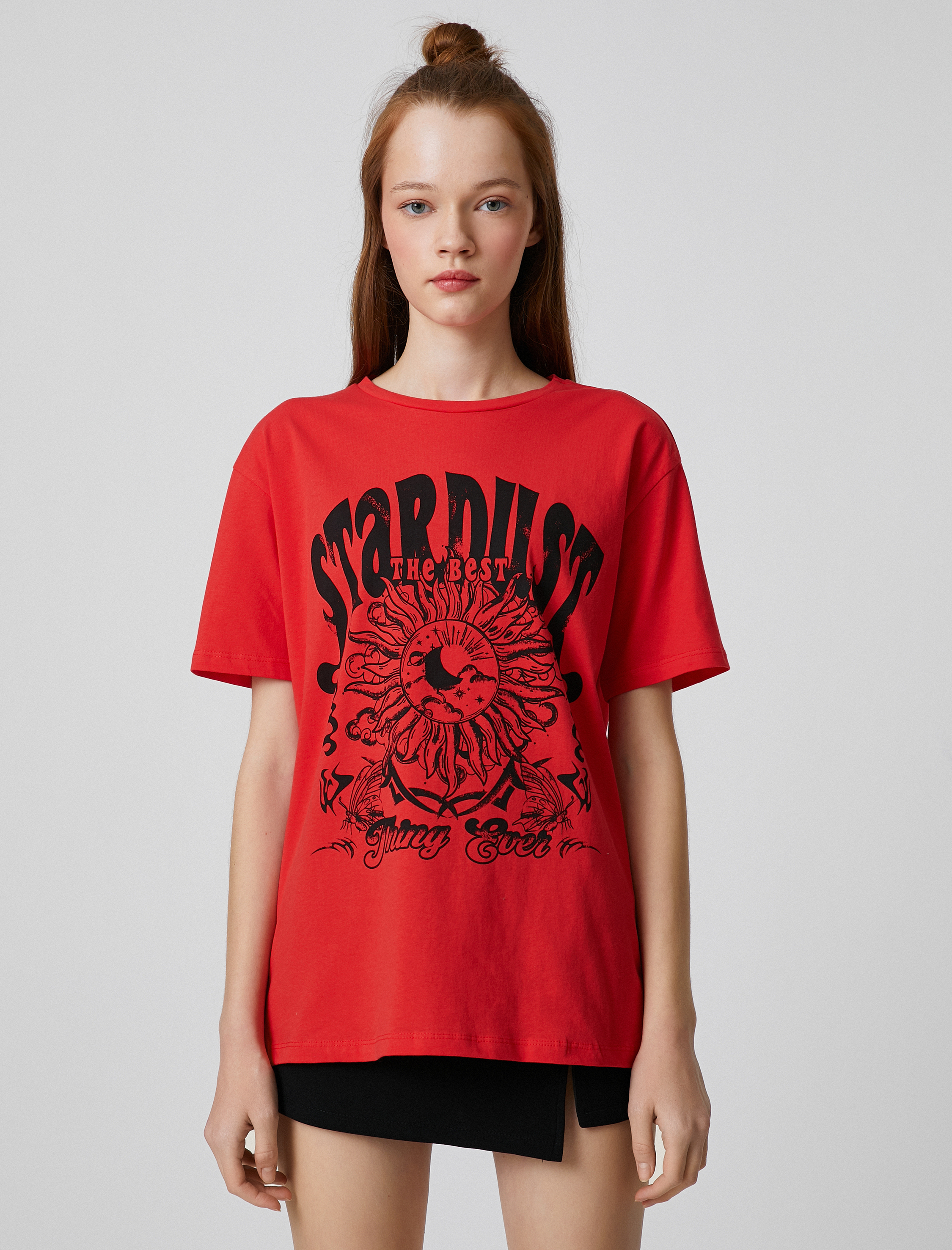   Baskılı Tişört Bisiklet Yaka Kısa Kollu Düz Kesim