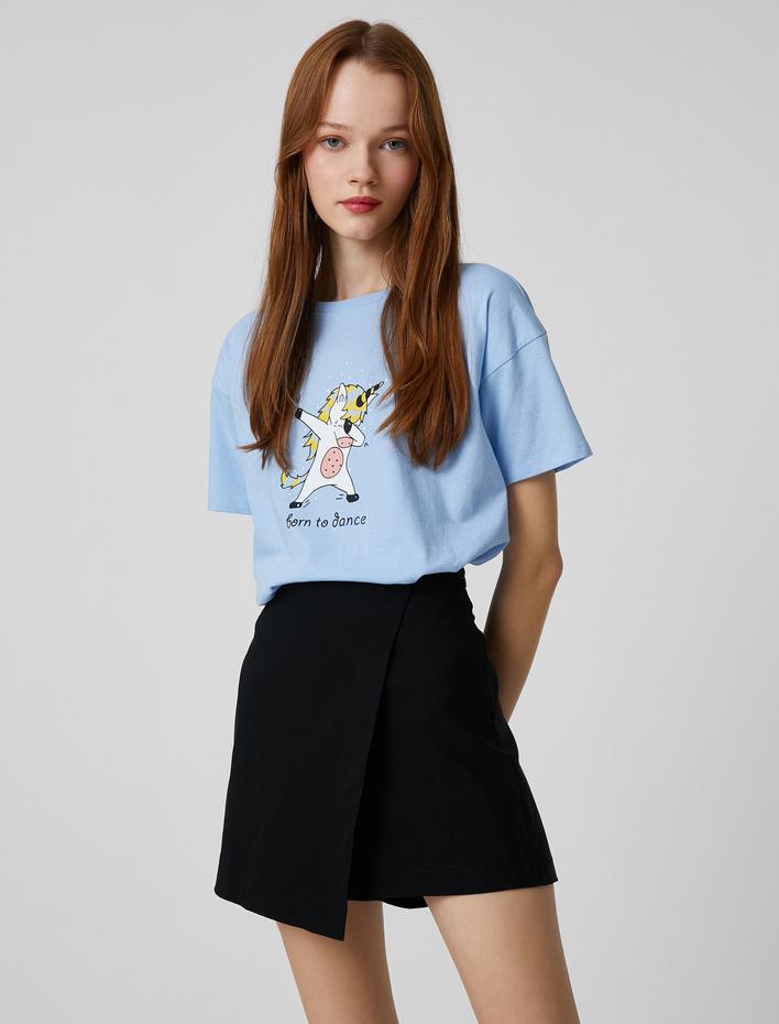  Slogan Baskılı Tişört Bisiklet Yaka Kısa Kollu