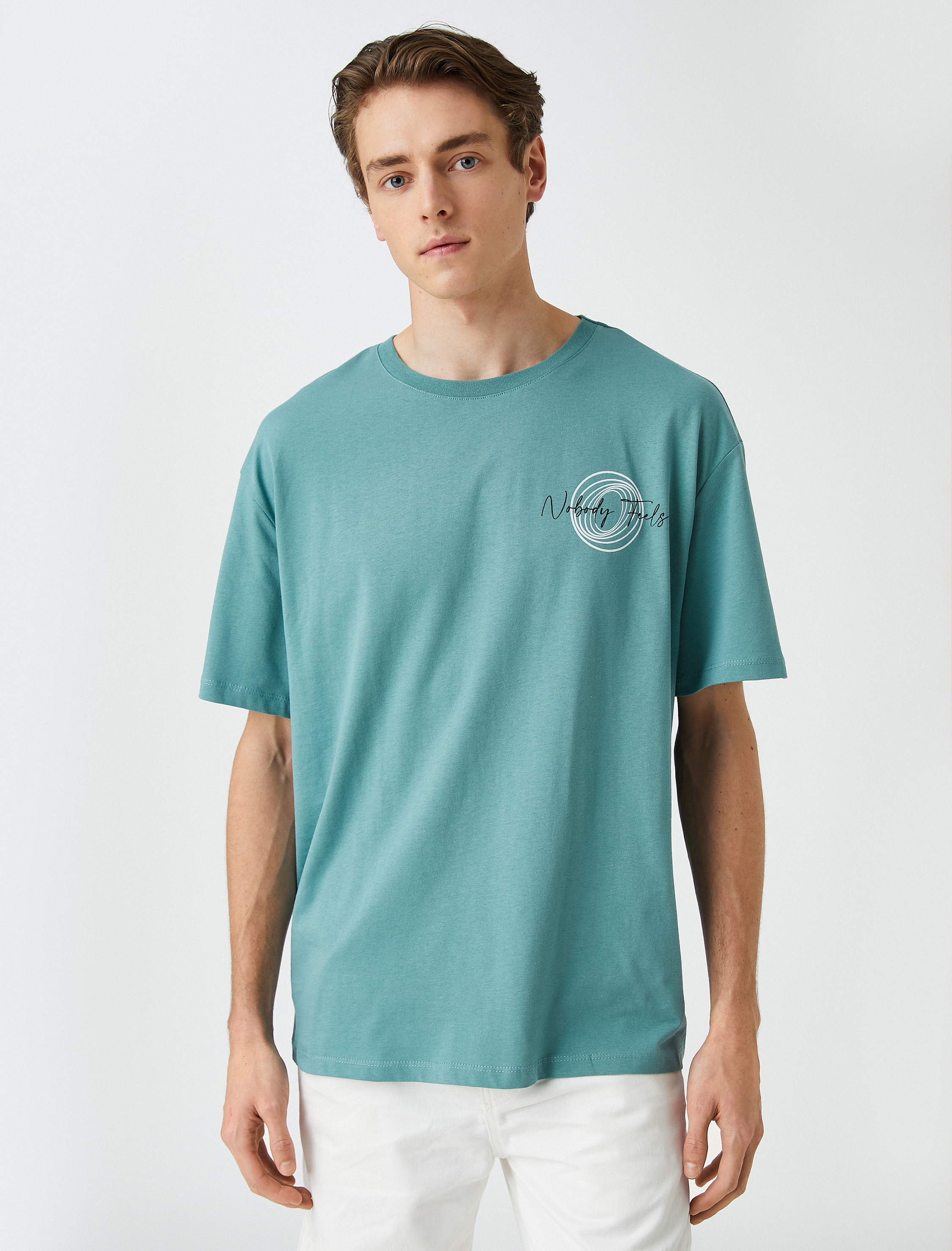   Oversize Tişört Slogan Baskılı Kısa Kollu Bisiklet Yaka