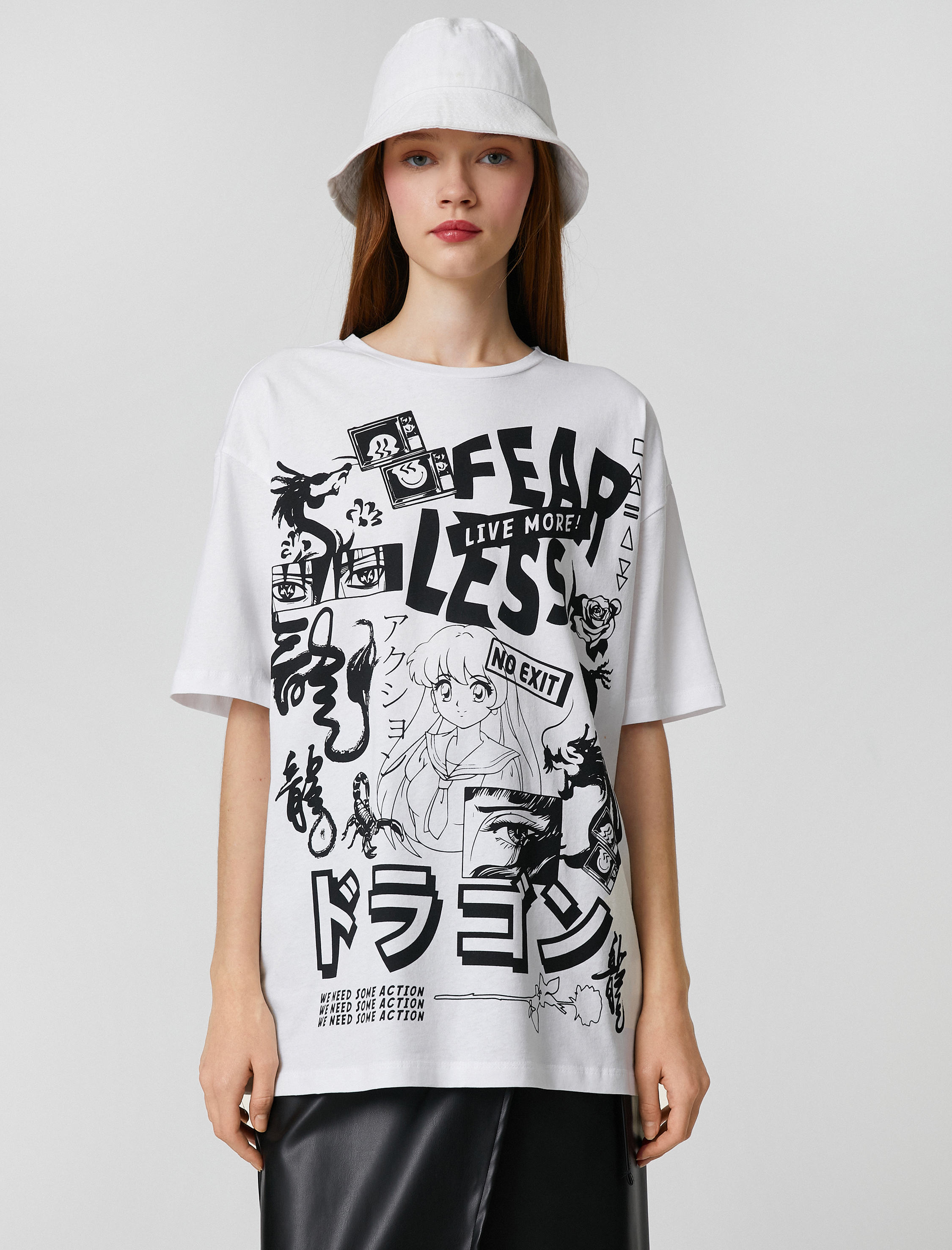   Oversize Tişört Kısa Kollu Uzak Doğu Baskılı Bisiklet Yaka