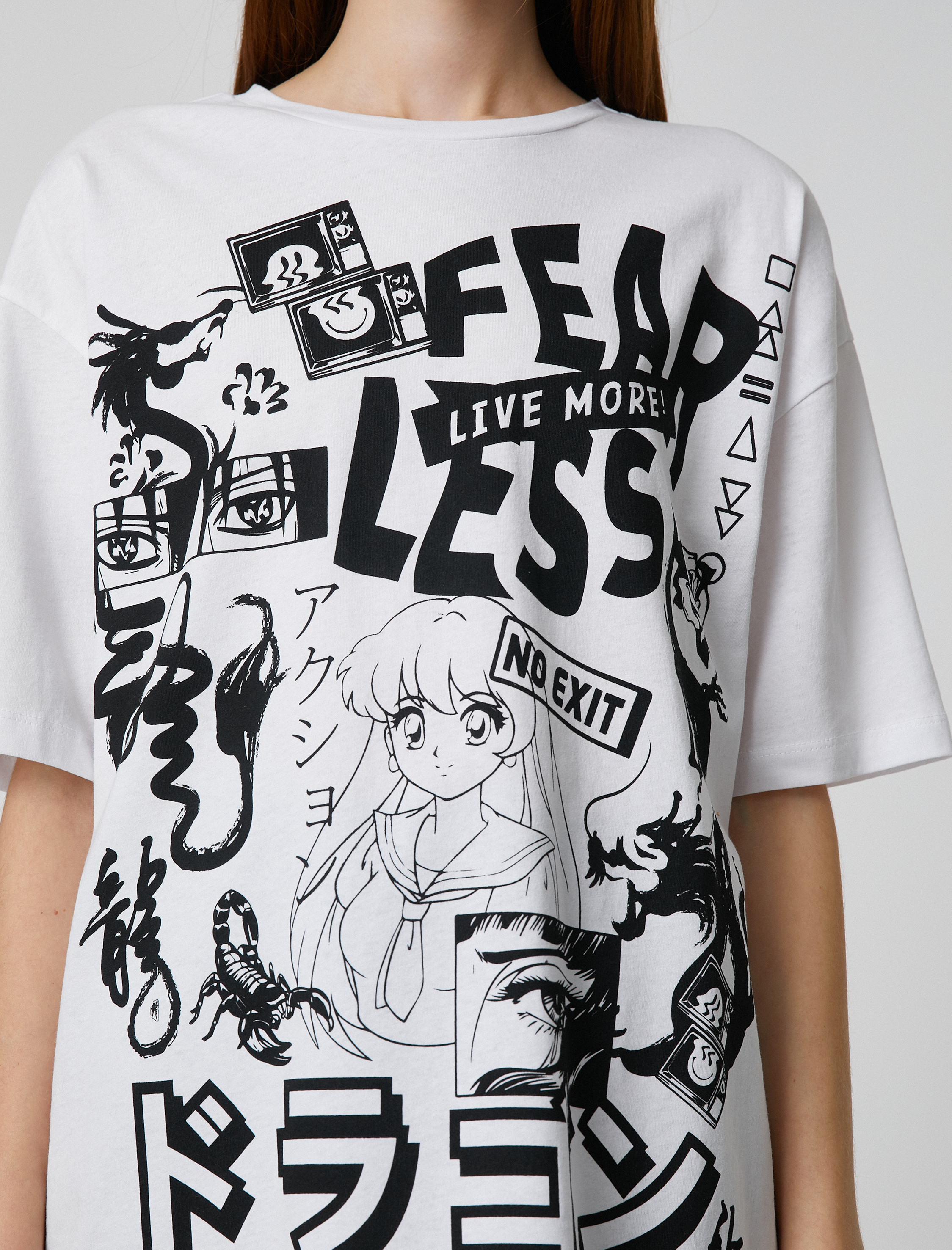   Oversize Tişört Kısa Kollu Uzak Doğu Baskılı Bisiklet Yaka