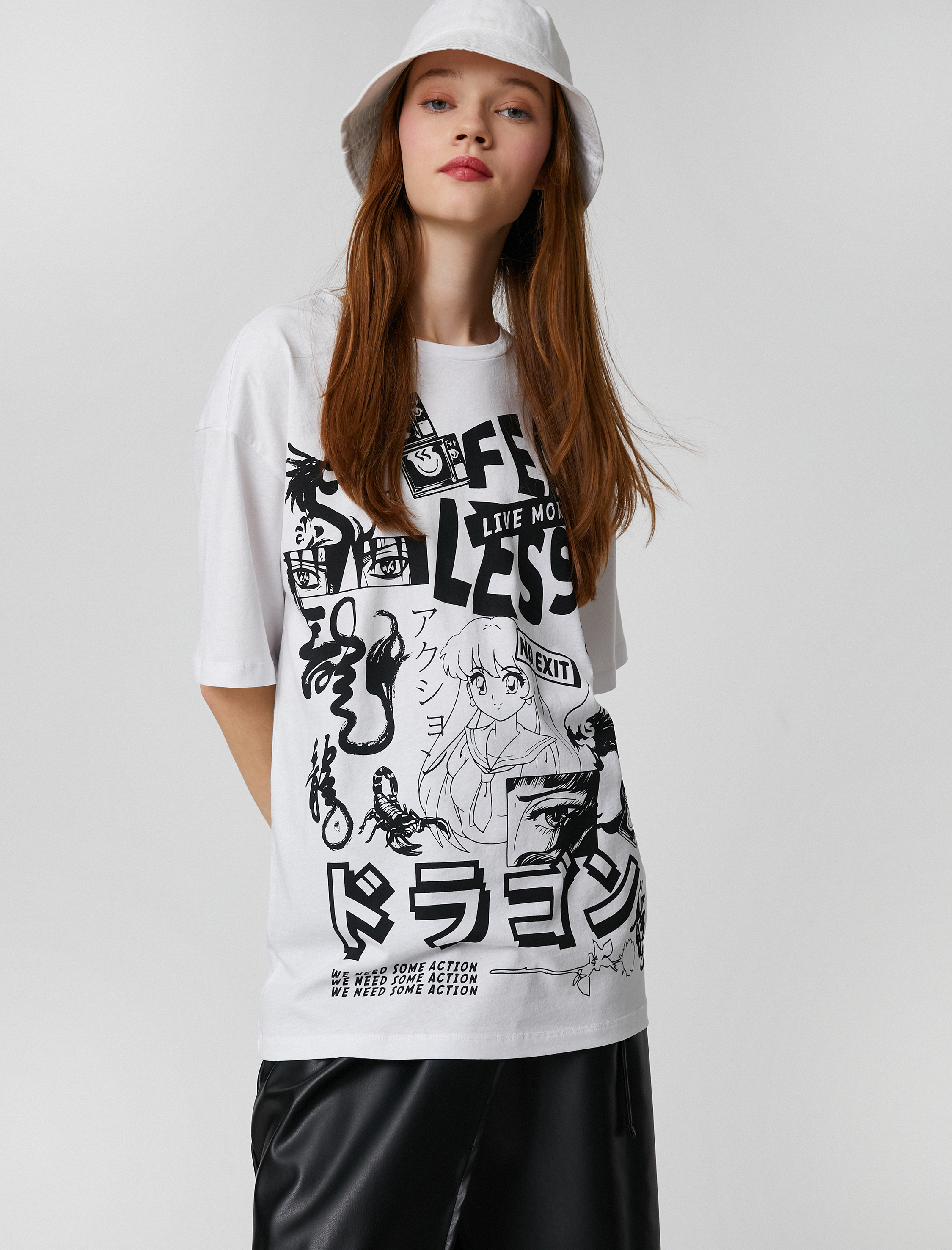   Oversize Tişört Kısa Kollu Uzak Doğu Baskılı Bisiklet Yaka