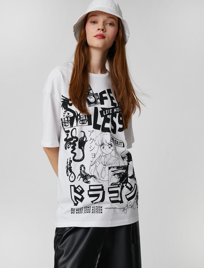  Oversize Tişört Kısa Kollu Uzak Doğu Baskılı Bisiklet Yaka