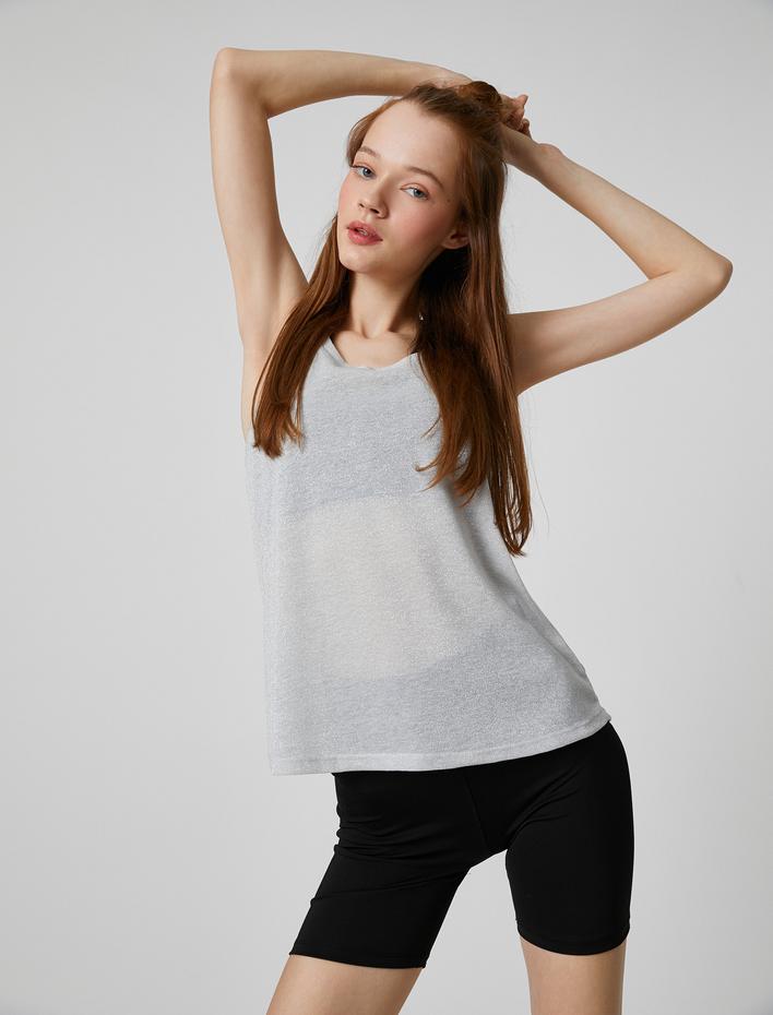  Kolsuz Tişört Simli Halter Yaka Relax Fit