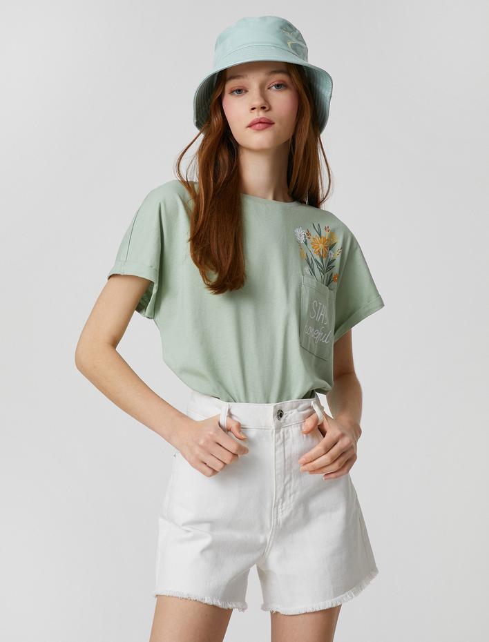  Baskılı Tişört Bisiklet Yaka Kısa Kollu Cep Detaylı