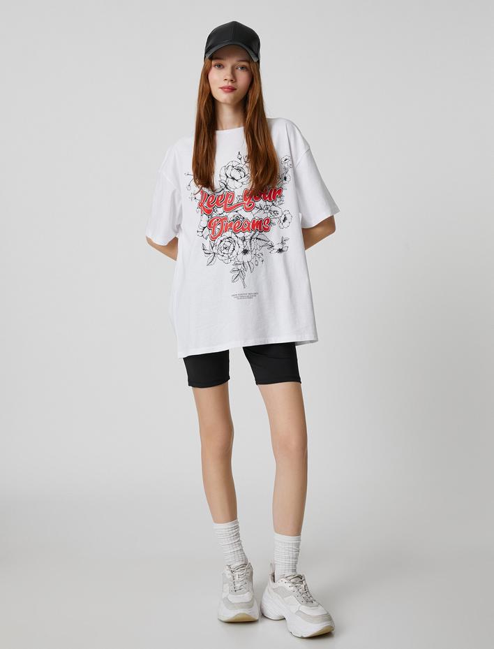  Oversize Tişört Slogan Baskılı Kısa Kollu Bisiklet Yaka