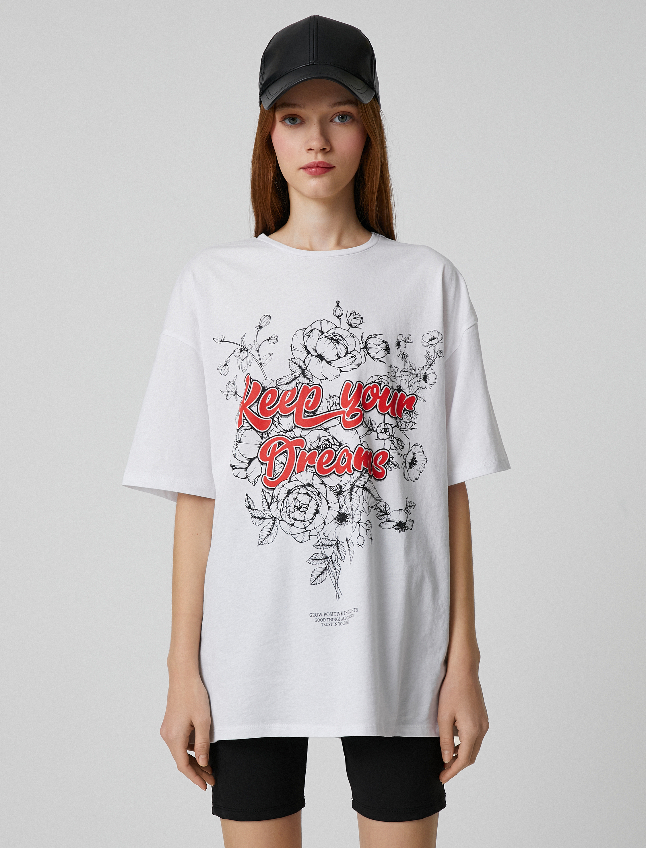   Oversize Tişört Slogan Baskılı Kısa Kollu Bisiklet Yaka