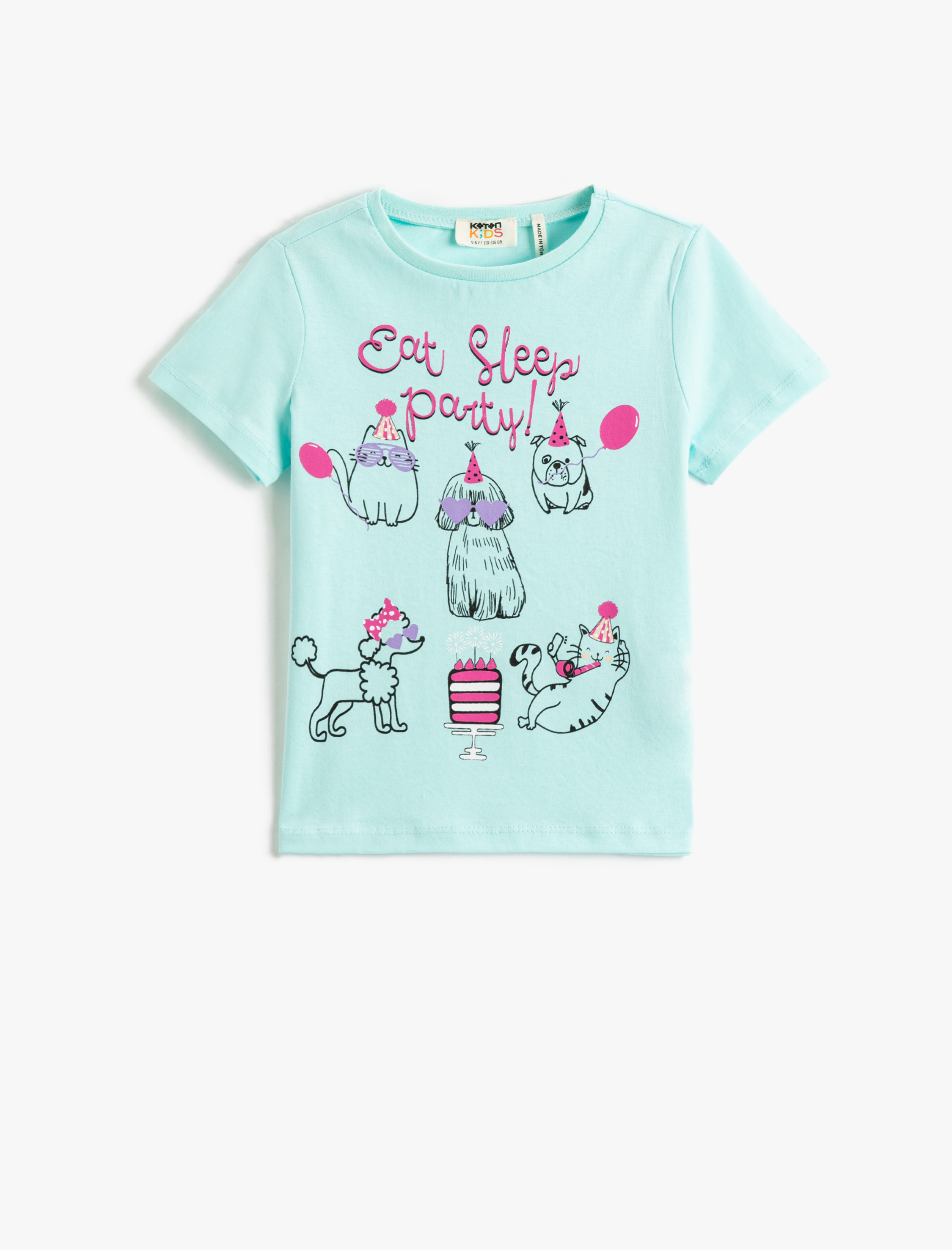  Kız Çocuk Kedi Baskılı Kısa Kollu Tişört Bisiklet Yaka