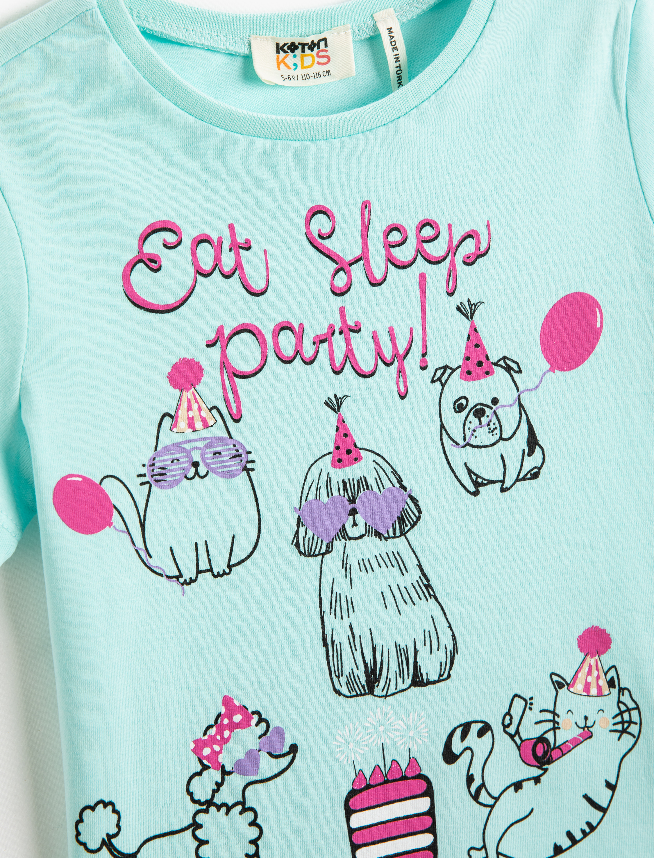  Kız Çocuk Kedi Baskılı Kısa Kollu Tişört Bisiklet Yaka