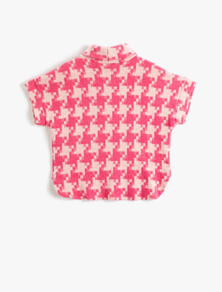 Kız Çocuk Kazayağı Desenli Boğazlı Panço Sweatshirt Kısa Kollu Yumuşak Dokulu