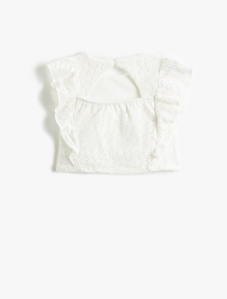  Kız Çocuk Crop Bluz Yuvarlak Yaka Fırfırlı Fisto İşlemeli Arkası Açık