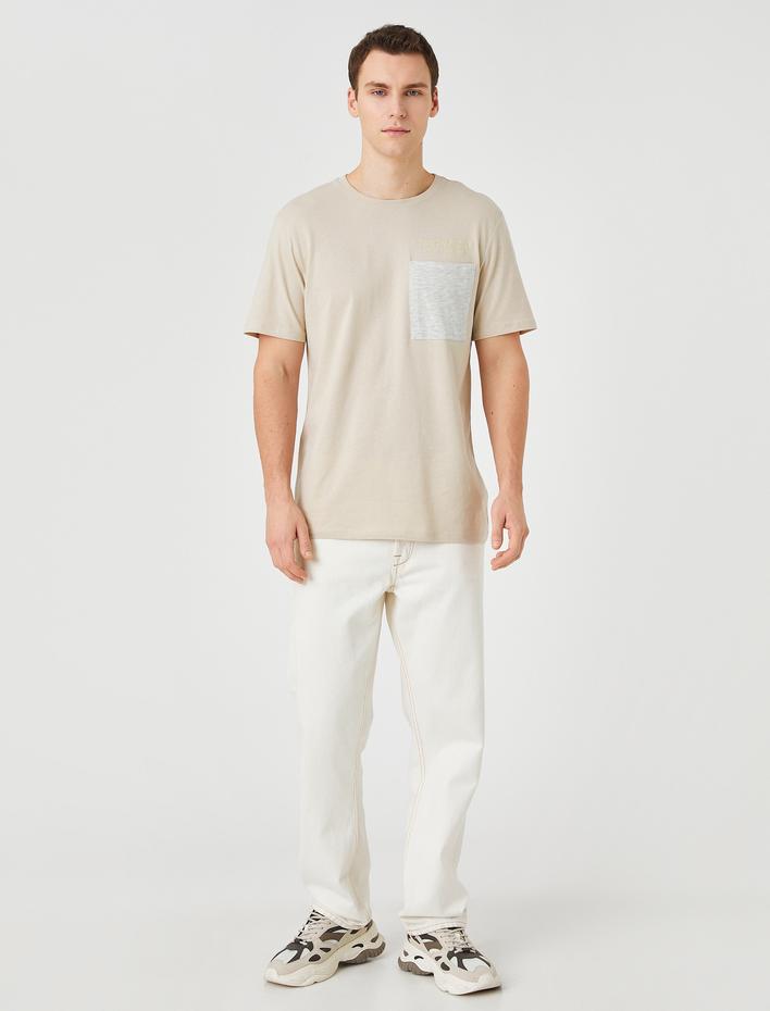  Slogan İşlemeli Tişört Cep Detaylı Bisiklet Yaka