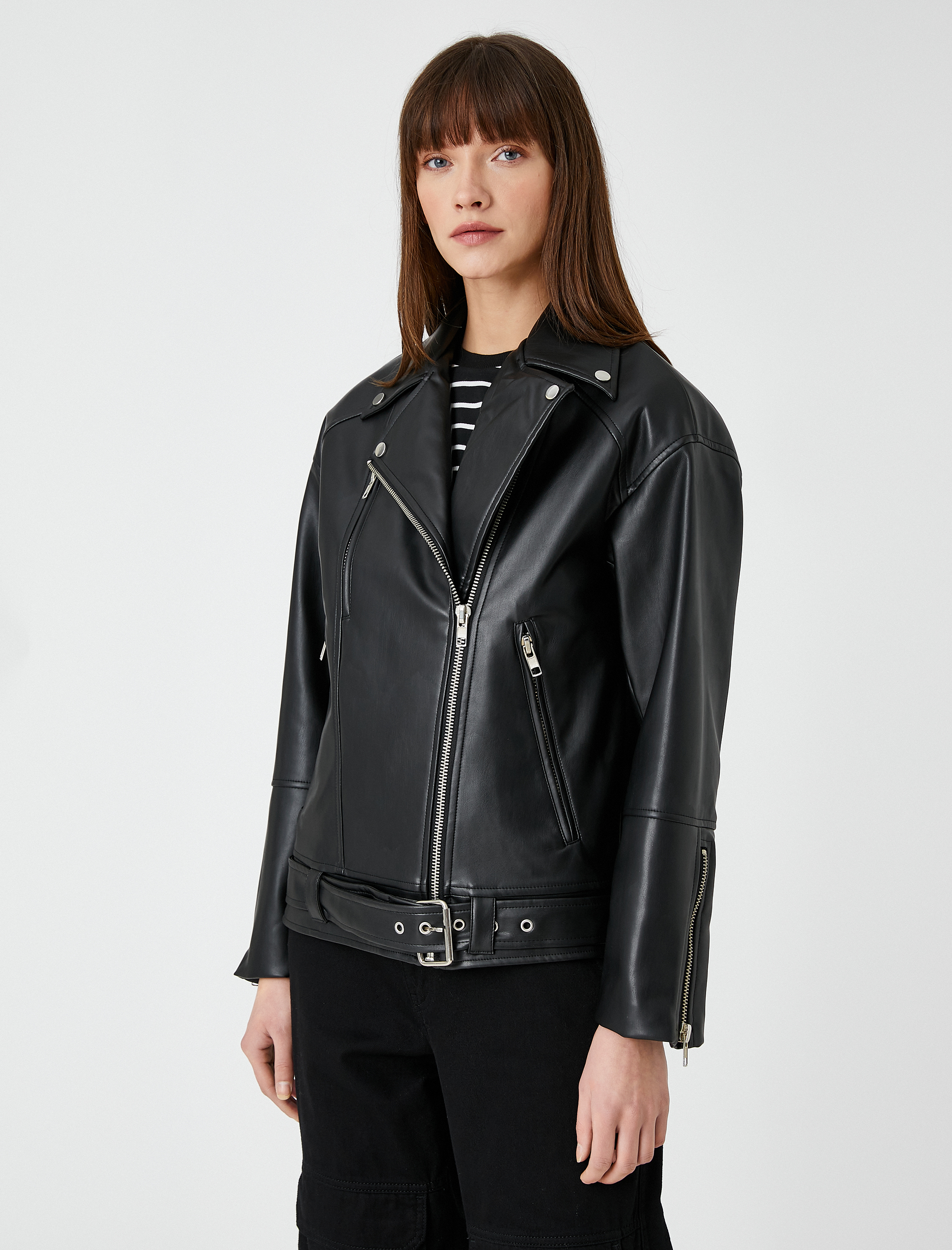   Suni Deri Fermuarlı Biker Ceket