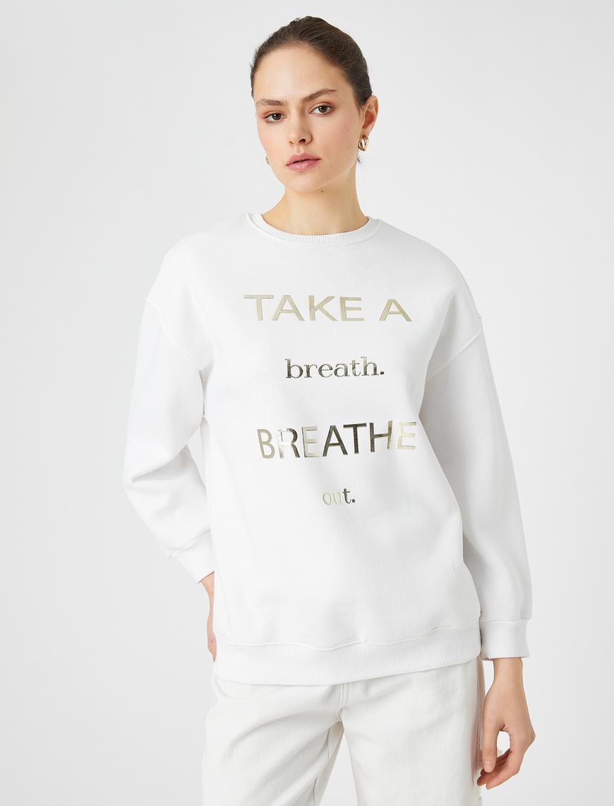   Parlak Yazı Baskılı Sweatshirt Bisiklet Yaka