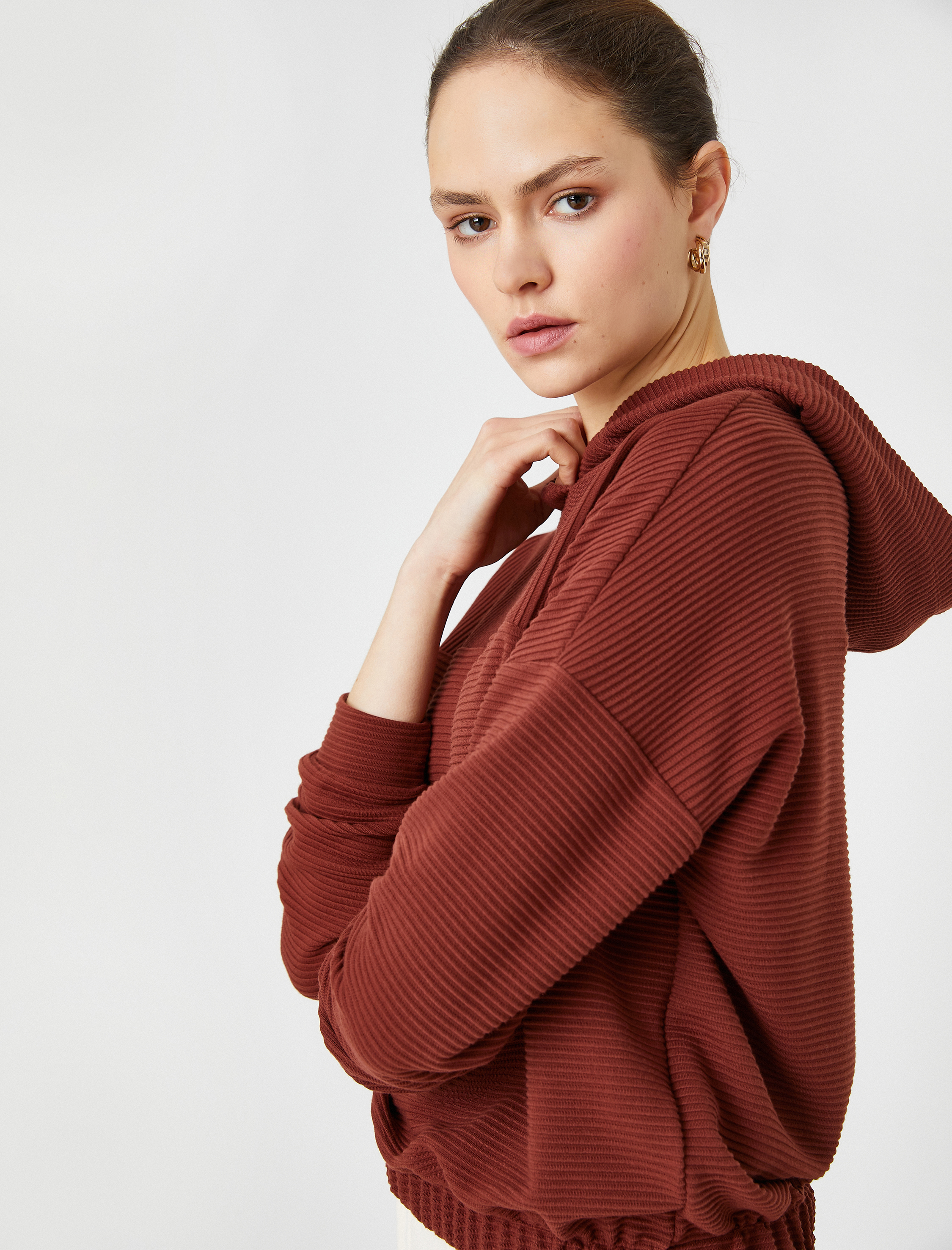   Kapüşonlu Sweatshirt Beli Lastikli Çizgili