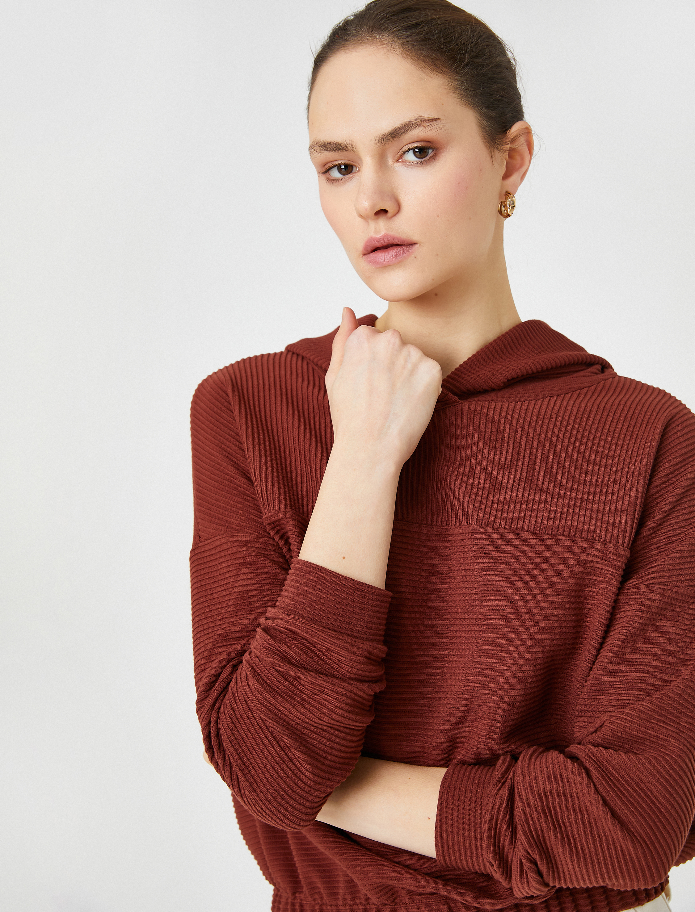   Kapüşonlu Sweatshirt Beli Lastikli Çizgili