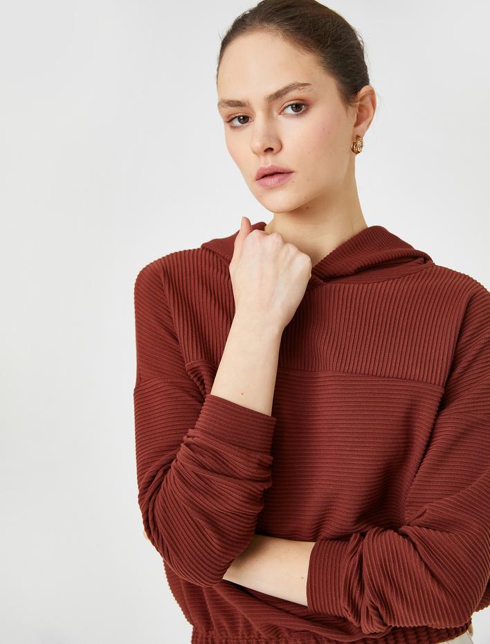  Kapüşonlu Sweatshirt Beli Lastikli Çizgili