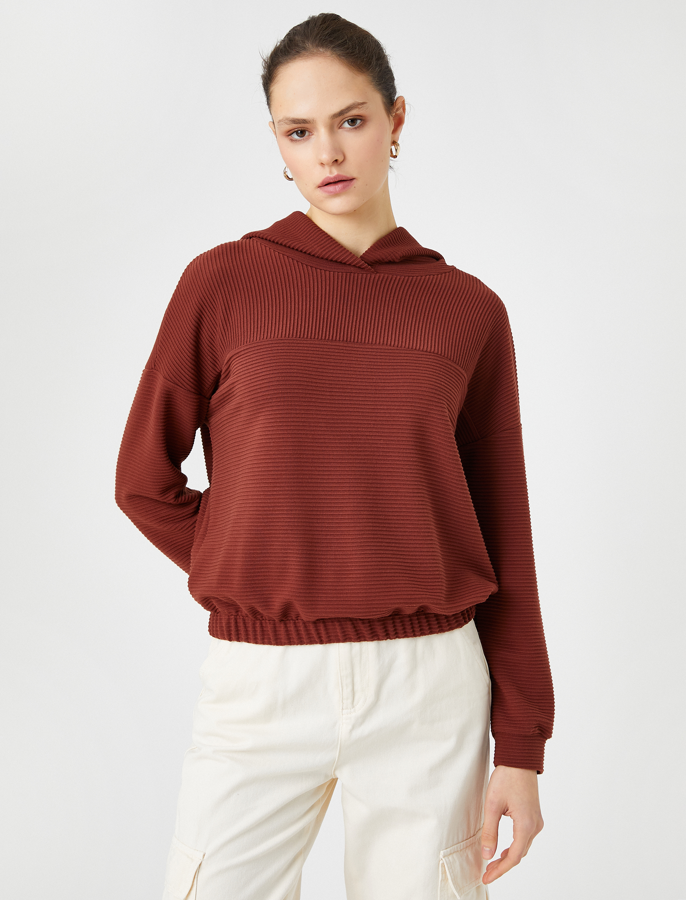   Kapüşonlu Sweatshirt Beli Lastikli Çizgili