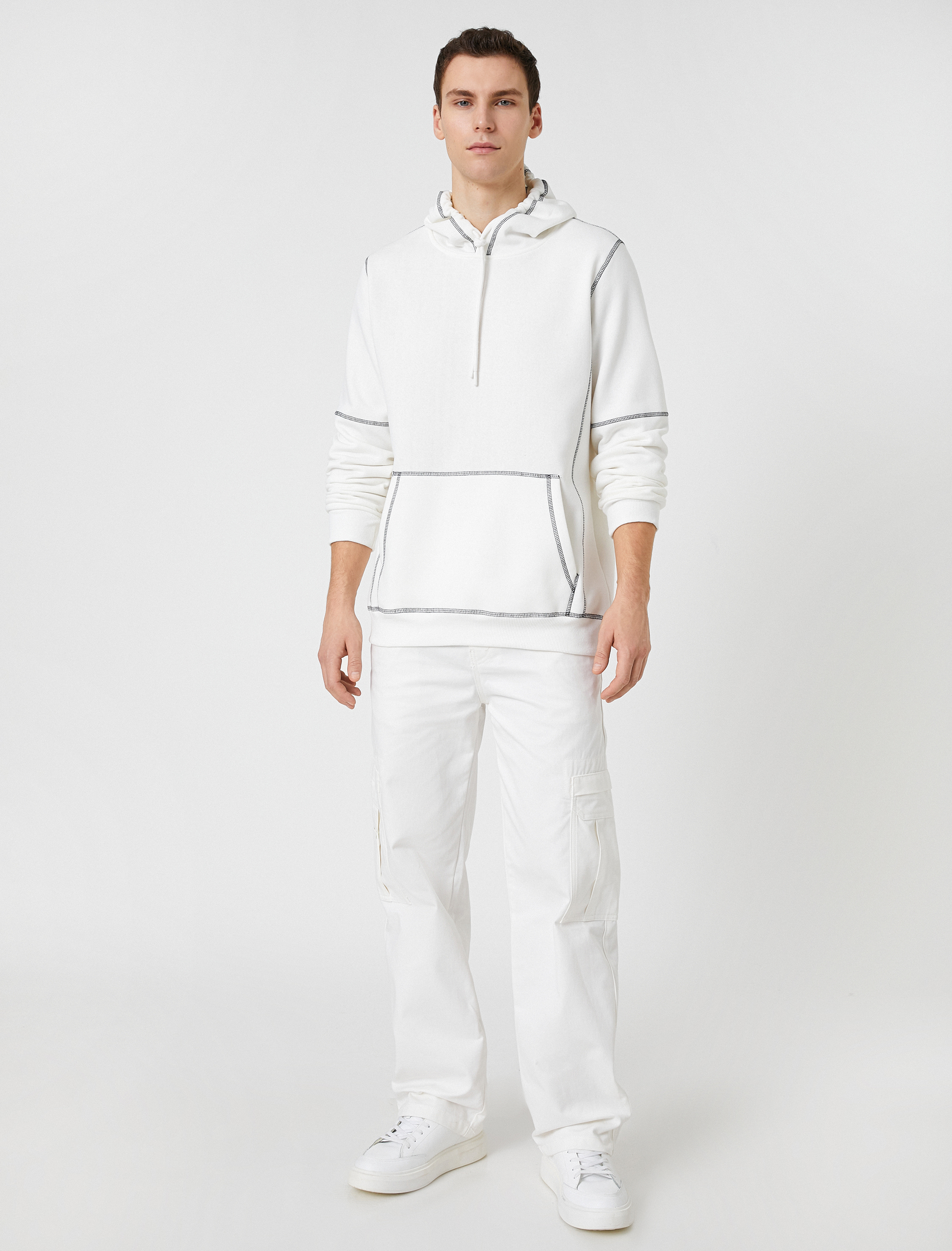   Kapşonlu Sweatshirt Dikiş Detaylı Cepli Uzun Kollu Şardonlu