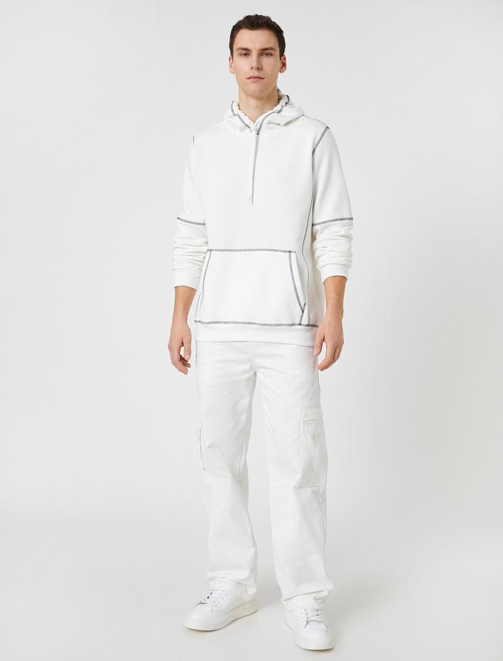  Kapşonlu Sweatshirt Dikiş Detaylı Cepli Uzun Kollu Şardonlu