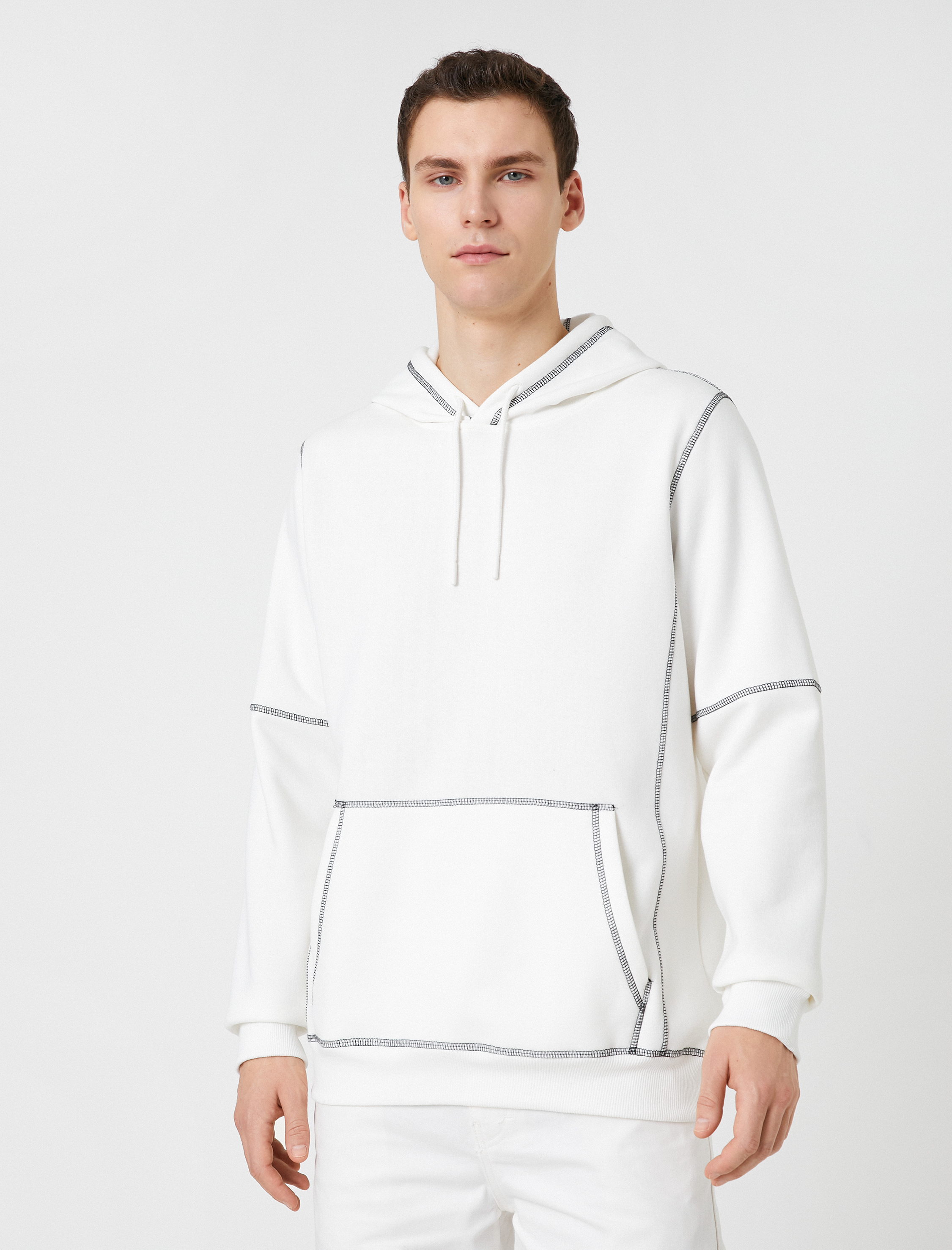   Kapşonlu Sweatshirt Dikiş Detaylı Cepli Uzun Kollu Şardonlu