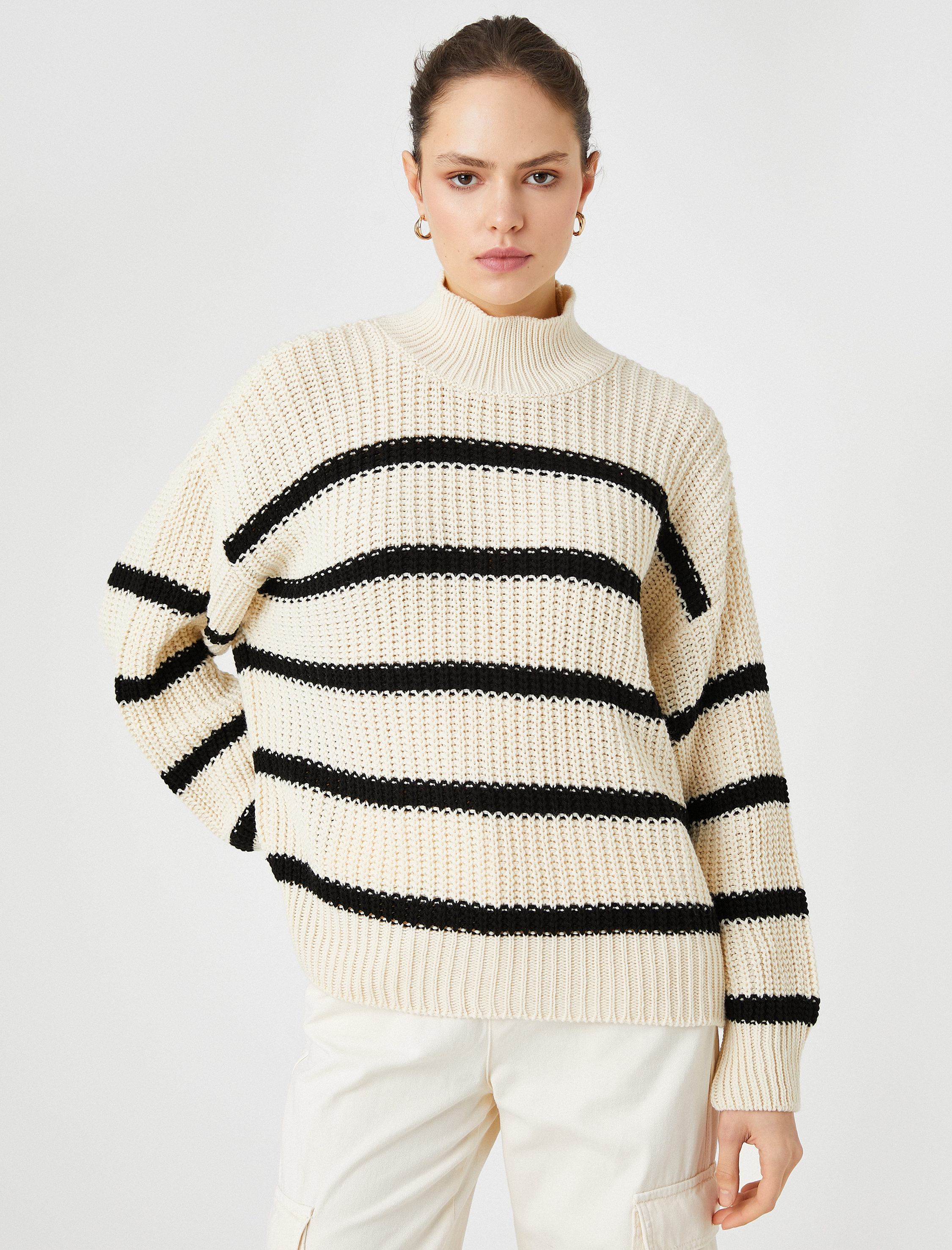   Oversize Örgü Kazak Yarım Balıkçı Yaka