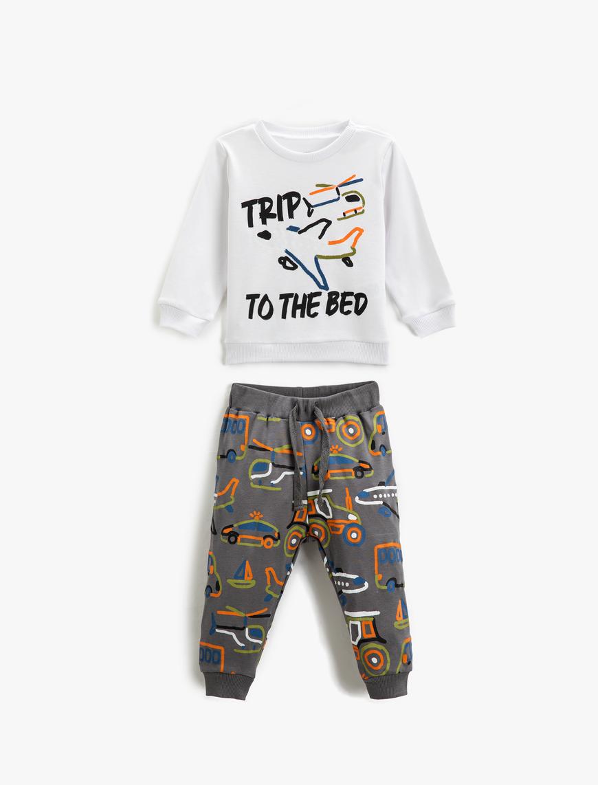  Erkek Bebek Pijama Takımı Uzun Kollu Sweatshirt ve Beli Bağlamalı Pijama Altı 2 Parça