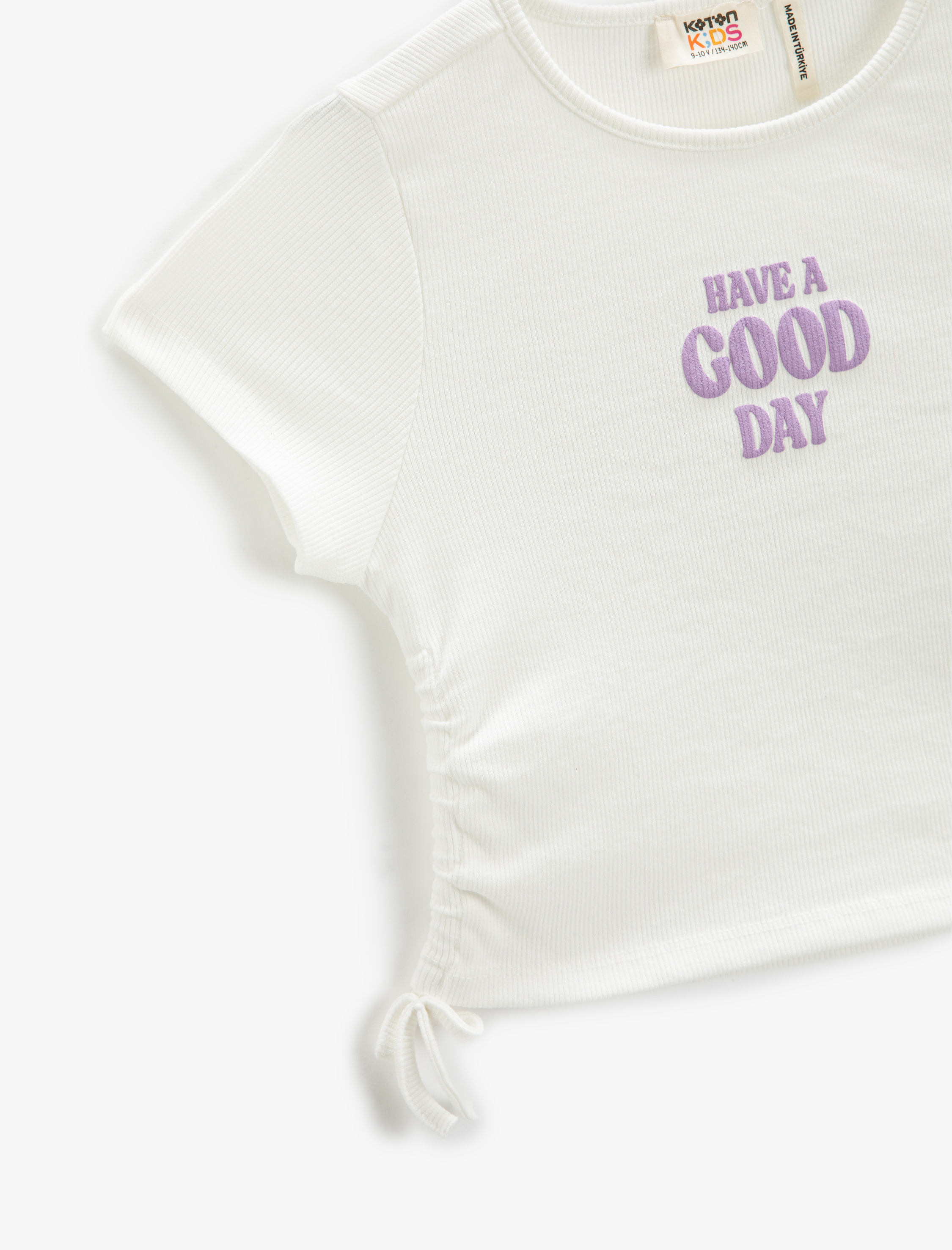  Kız Çocuk Crop Tişört Yanları Büzgülü Kısa Kollu Baskılı Yuvarlak Yaka