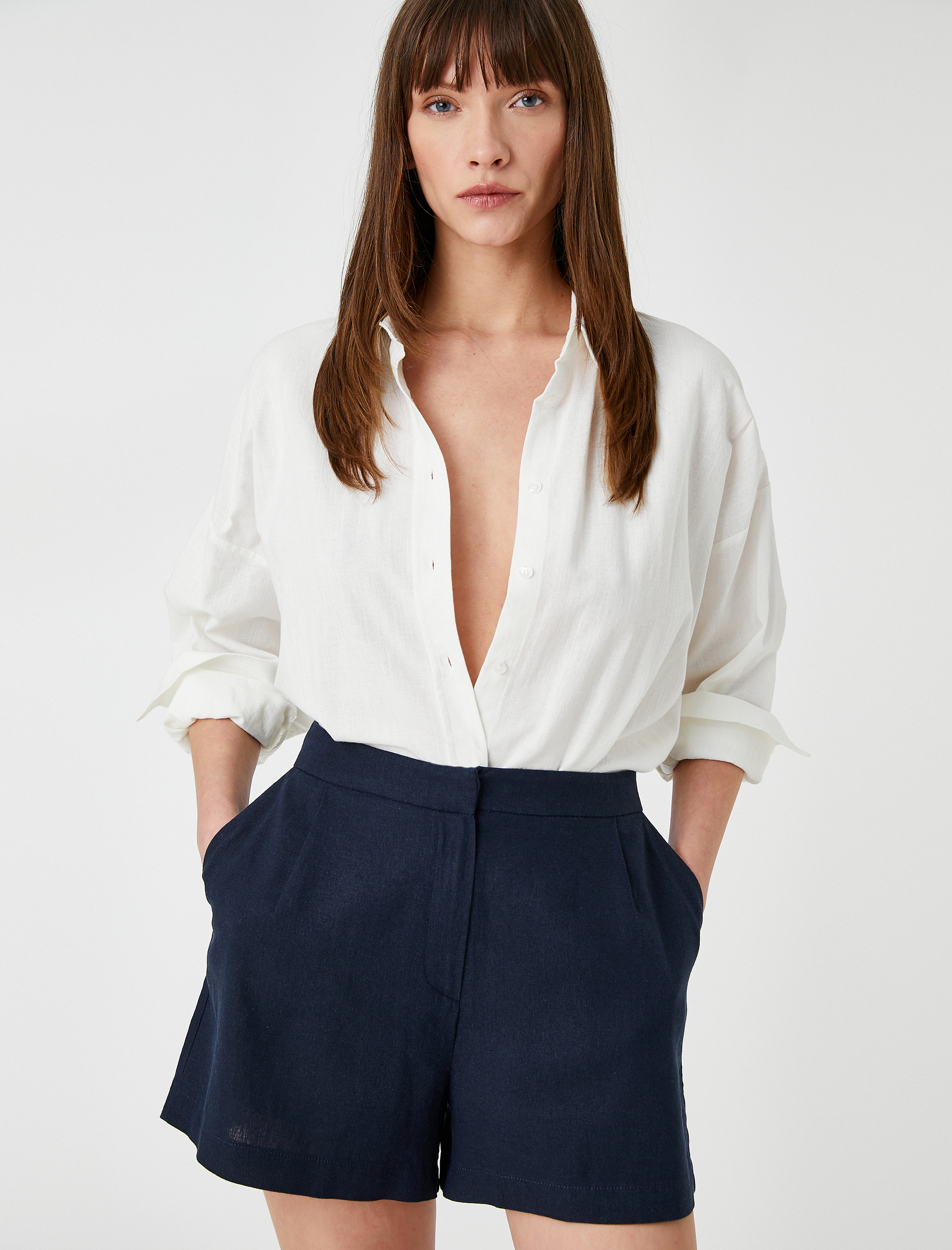   Keten Karışımlı Şort Cepli