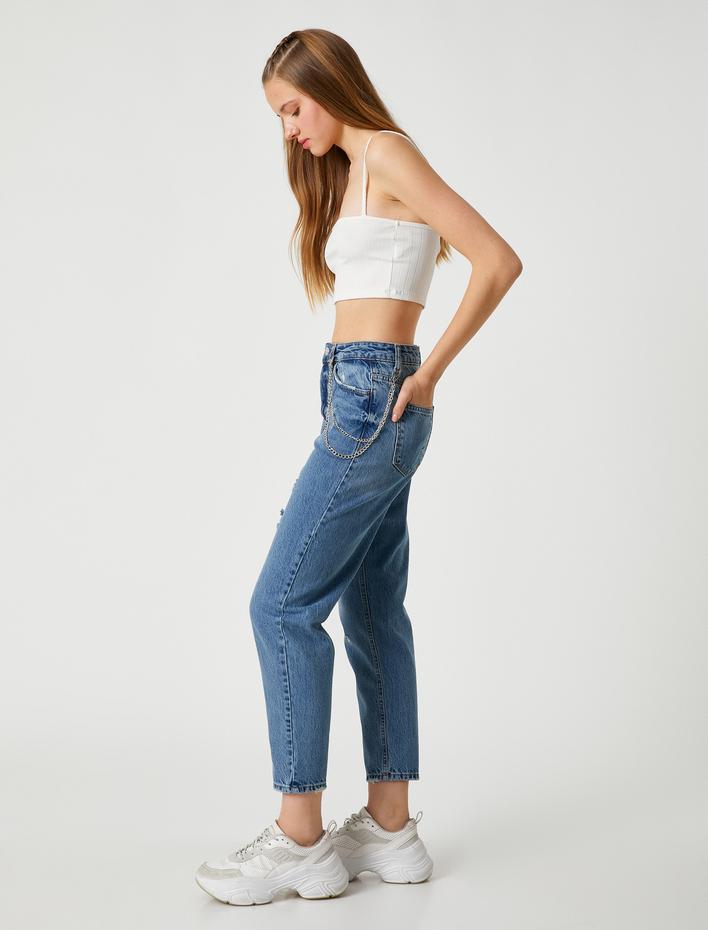  Yüksek Bel Kot Pantolon Zincir Detaylı Hafif Dar Paça - Mom Jean