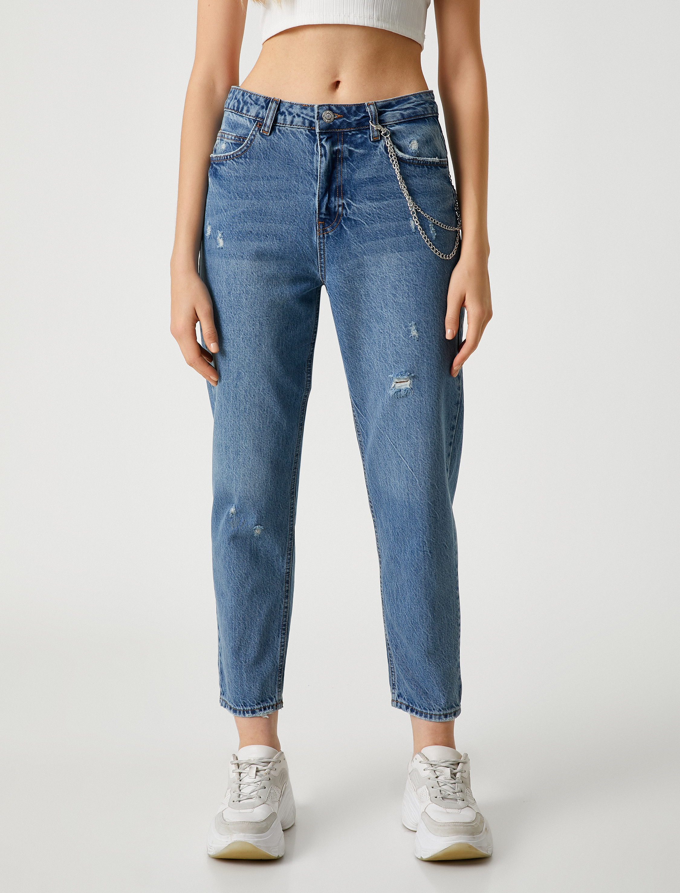   Yüksek Bel Kot Pantolon Zincir Detaylı Hafif Dar Paça - Mom Jean