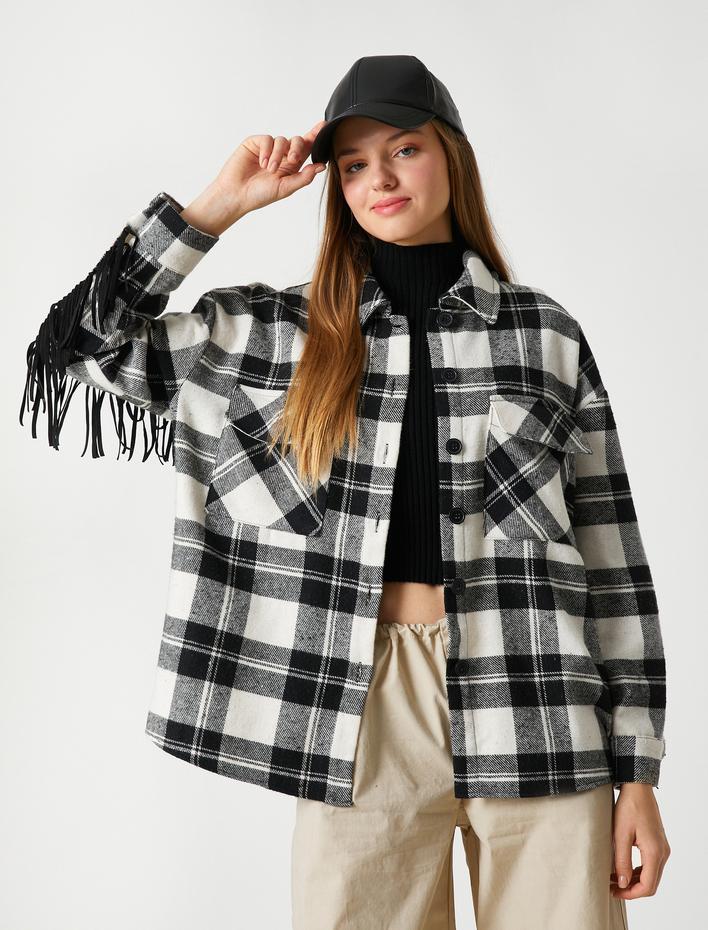  Oduncu Gömlek Ceket Püskül Detaylı Cepli Düğmeli