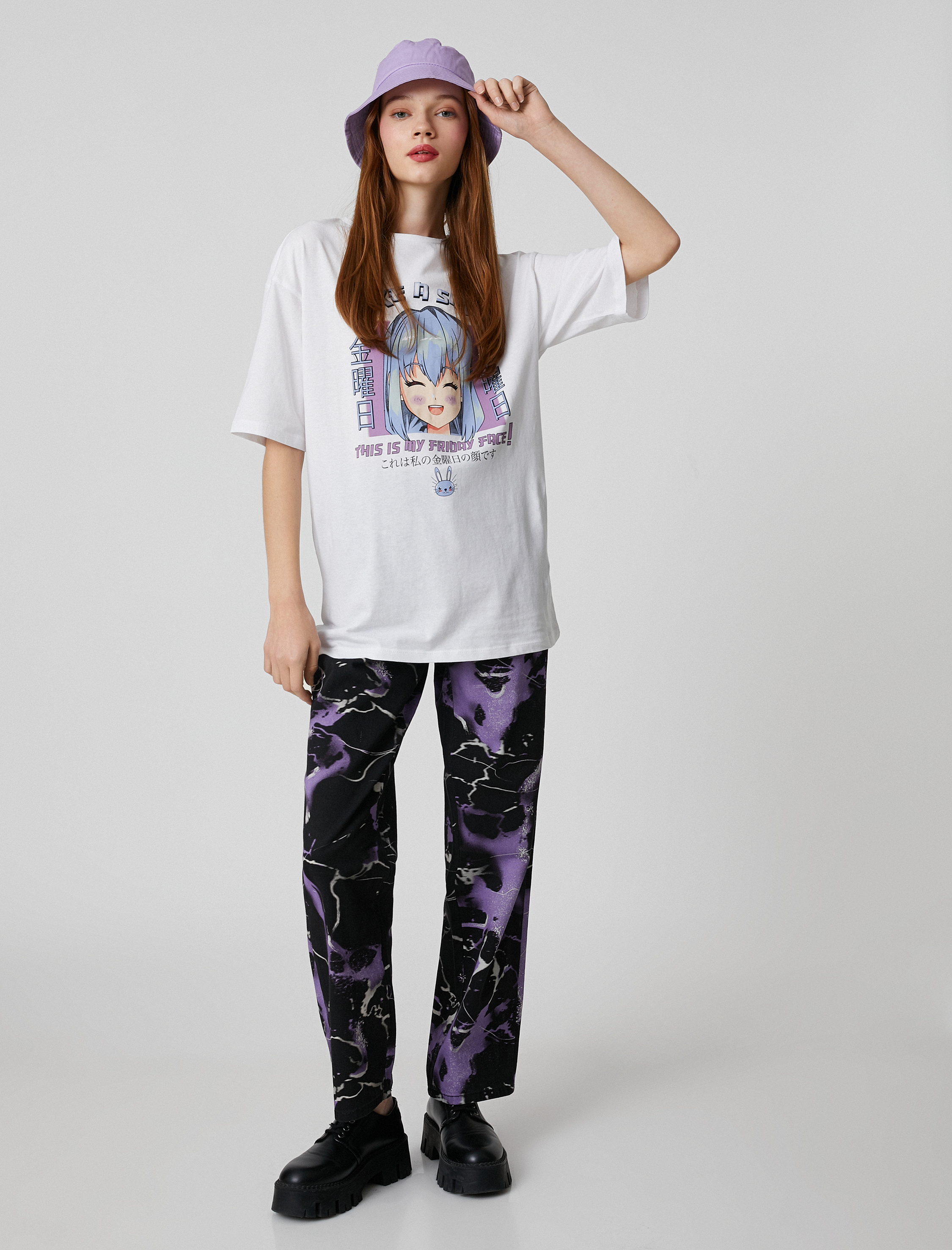   Anime Tişört Oversize Kısa Kollu Bisiklet Yaka Rahat Kesim