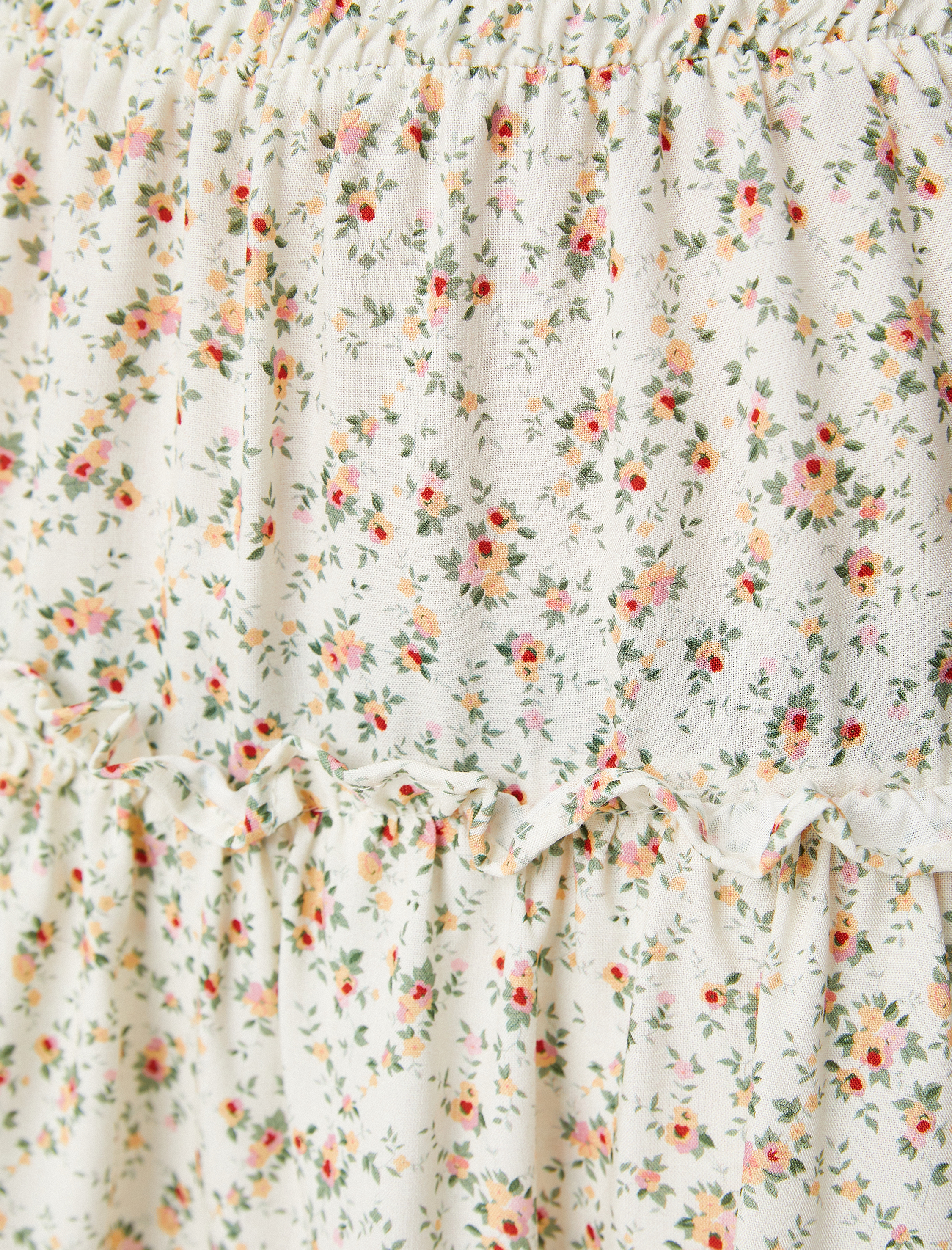 Çiçekli Etek Mini Viskon Beli Lastikli Fırfırlı