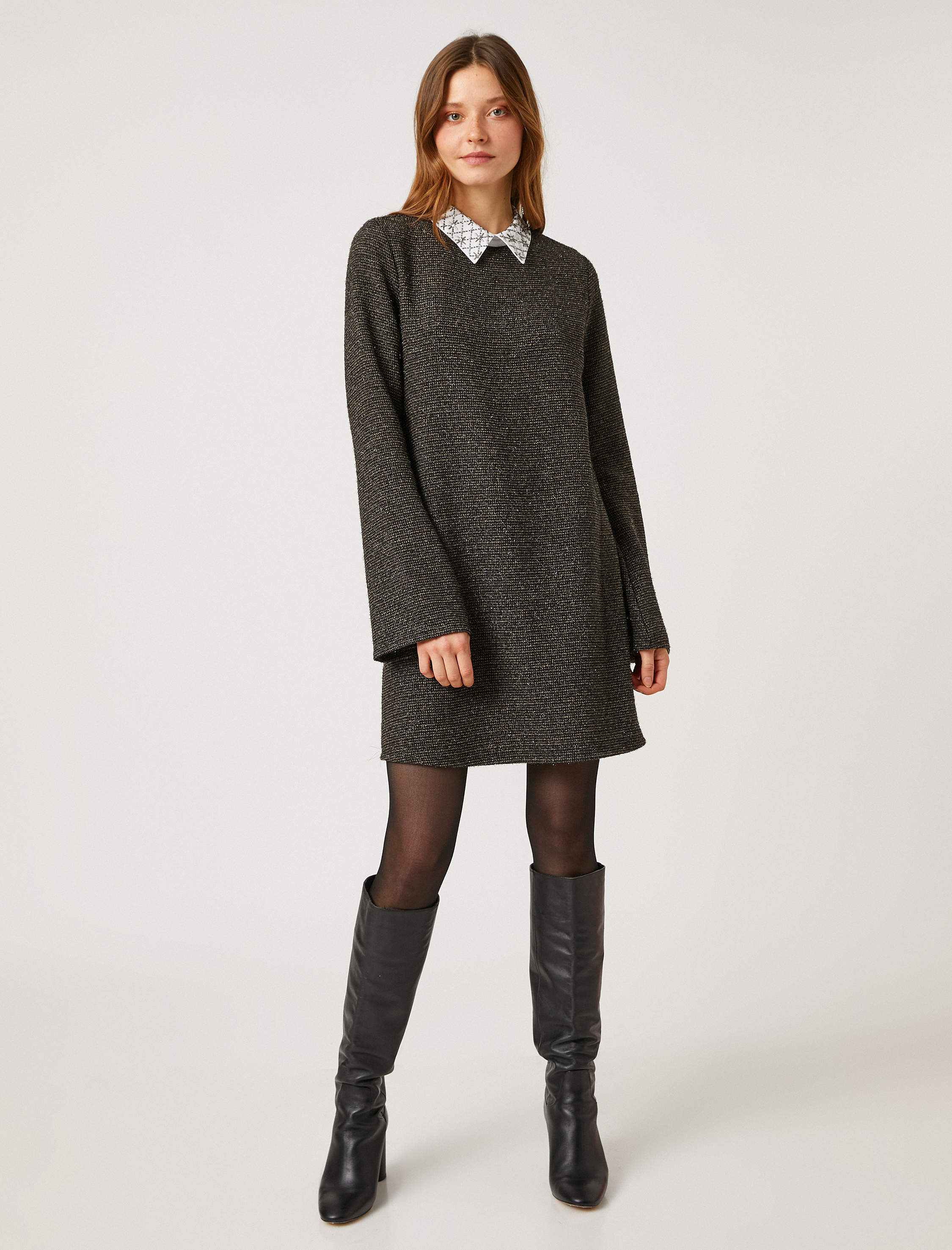   Gömlek Yaka Mini Elbise Taş Detaylı Uzun Kollu