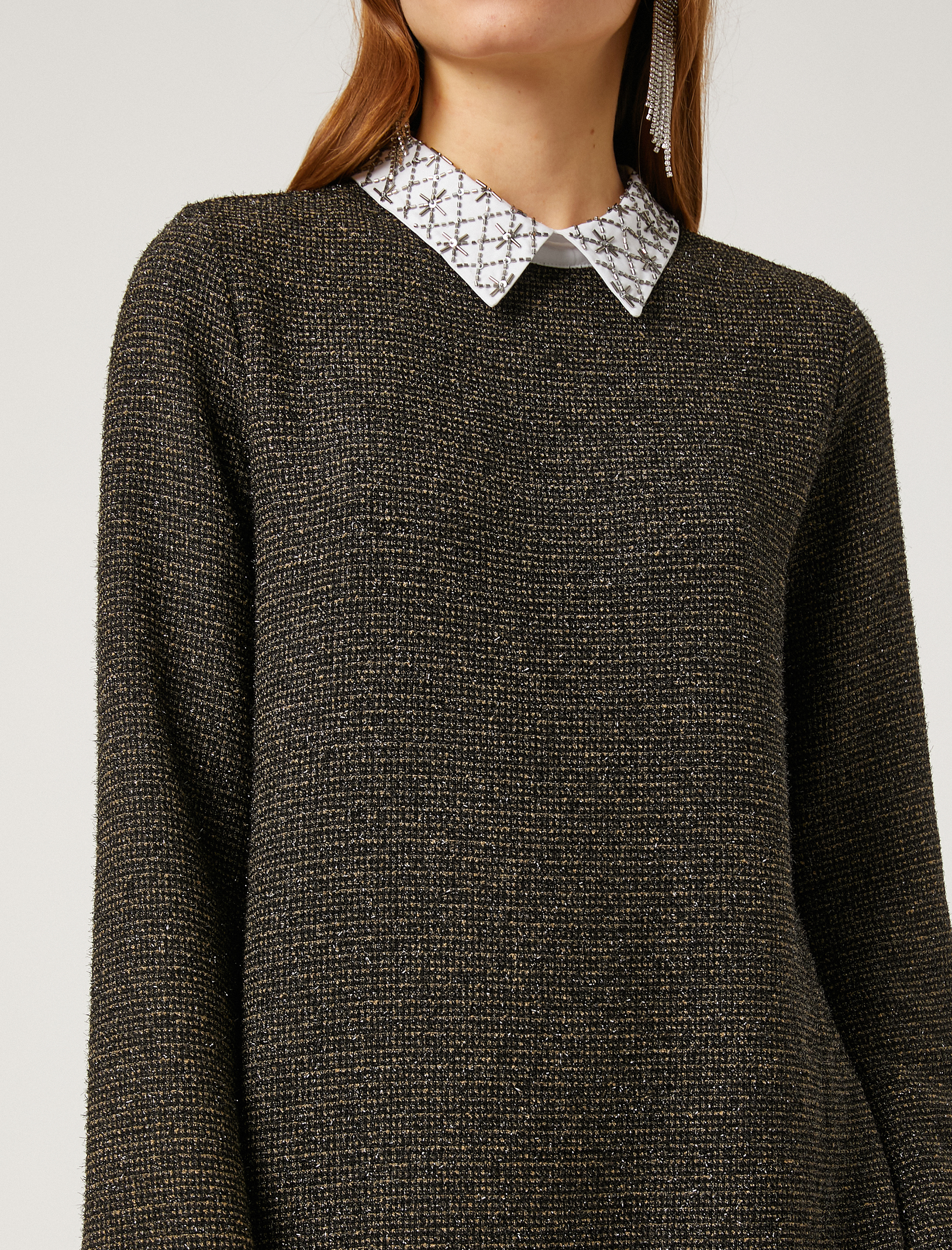   Gömlek Yaka Mini Elbise Taş Detaylı Uzun Kollu